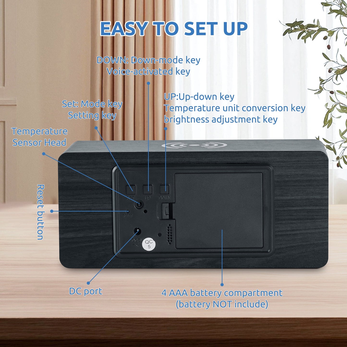 Onekawa Wooden Digital Alarm Clock with Wireless Charging Stylish LED Display for Bedrooms Adjustable Brightness and Voice Control Alarm Clock Perfect for Desks-Black