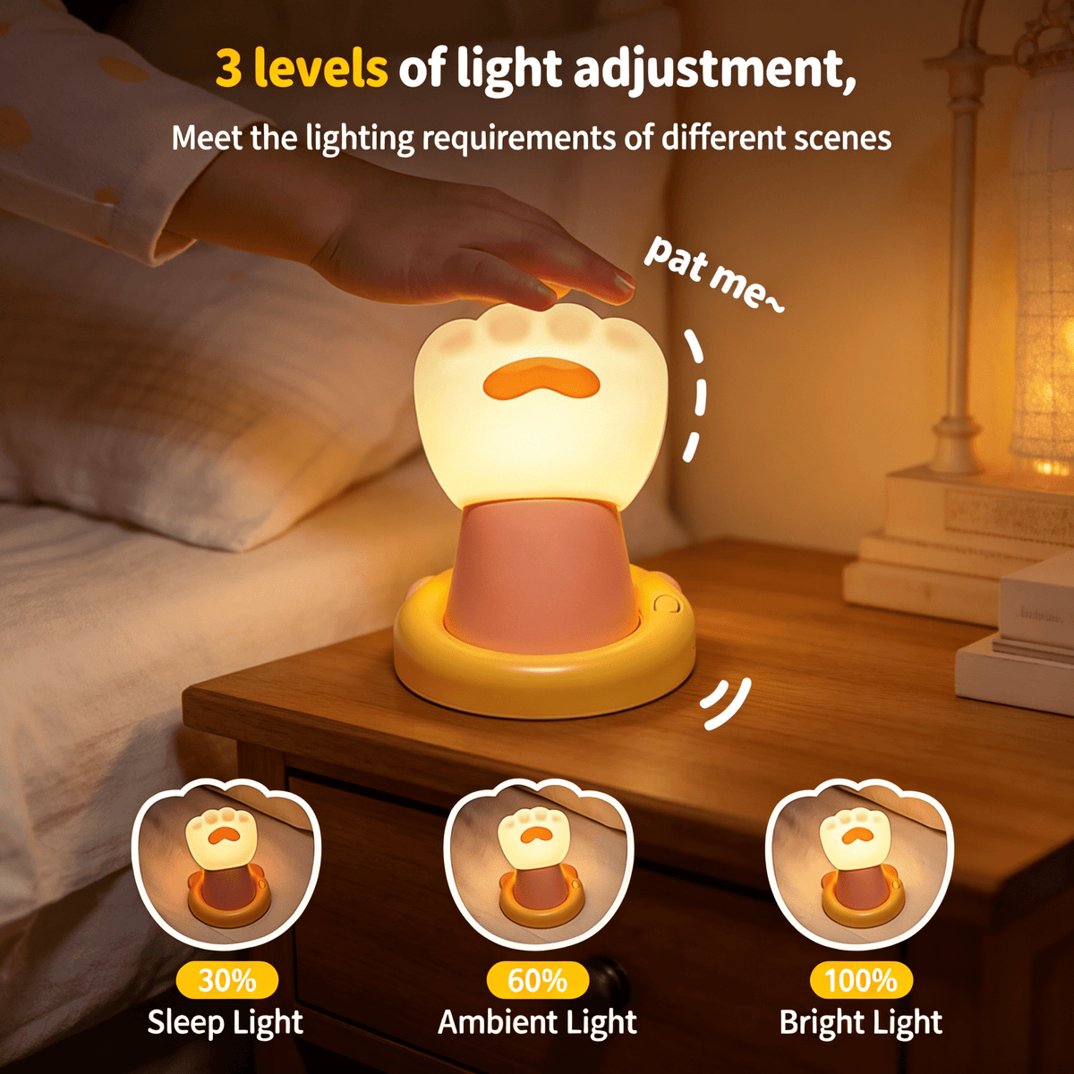 Onekawa Cat Paw Night Light - Magnetic Touch Control, 3 Level Dimmable with Auto Timer