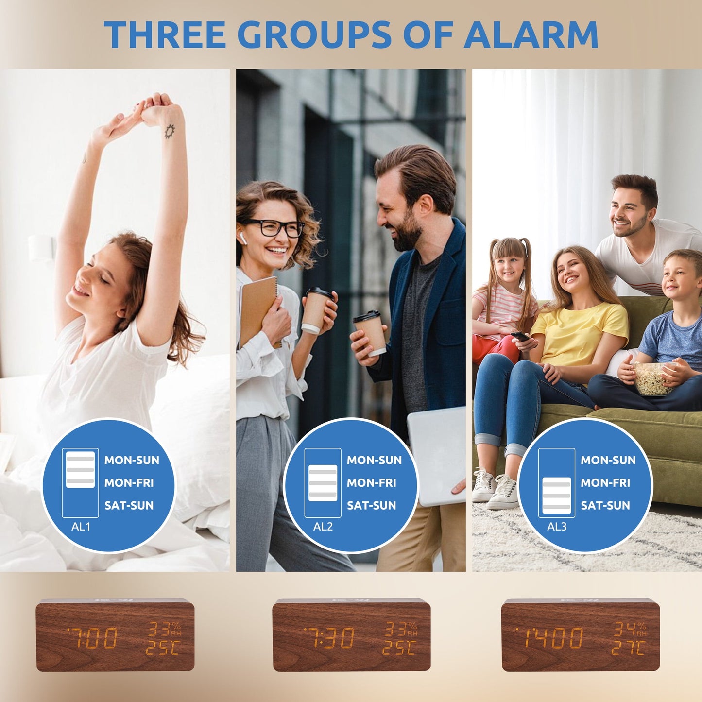 Onekawa Wooden Digital Alarm Clock with Wireless Charging Stylish LED Display for Bedrooms Adjustable Brightness and Voice Control Alarm Clock Perfect for Desks-Brown