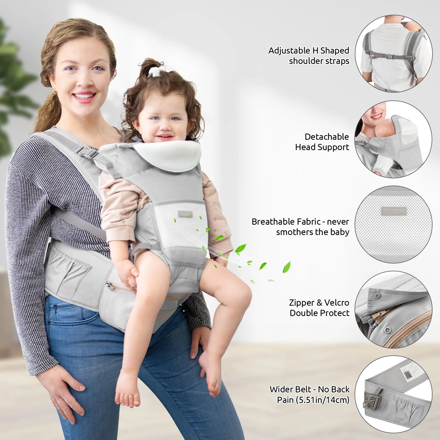MOONORAH Baby Carrier with Hip Seat, Ergonomic M Position 6 in 1 Baby Wraps Carrier Adjustable Holder Newborn to Toddler with Head Support and Breathable Mesh Gray