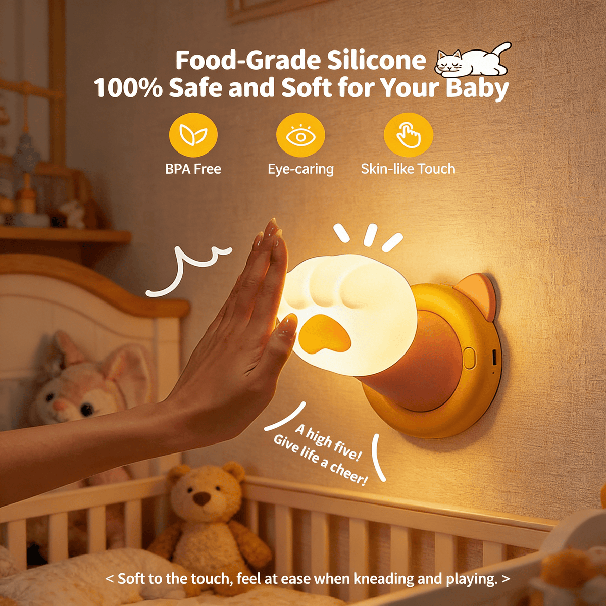 Onekawa Cat Paw Night Light - Magnetic Touch Control, 3 Level Dimmable with Auto Timer