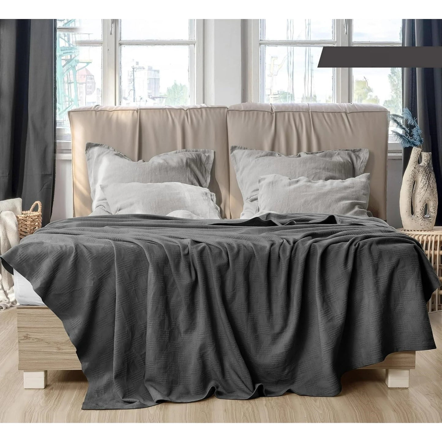 MOONORAH Bed Blanket, 100% Cotton Waffle Blanket Twin XL Size Soft Lightweight Bed Blanket for All Season, Cooling Blankets for Bed, 70" x 80", Gray