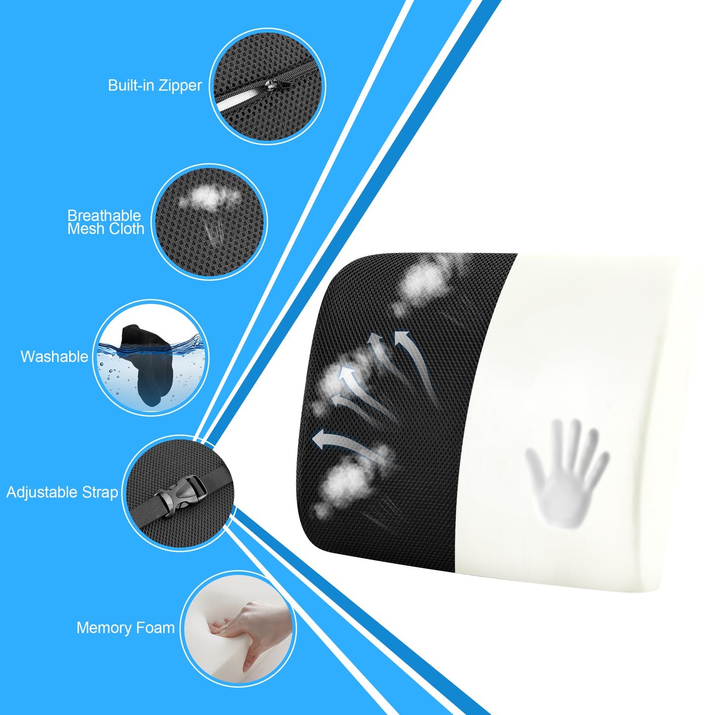 WANALIT Ergonomic Lumbar Support Pillow for Office Chair & Car - Memory Foam Back Cushion for Lower Back Pain Relief - Breathable Mesh Cover with Adjustable Straps, Black