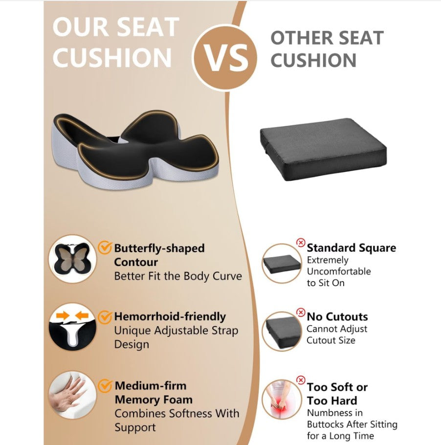 WANALIT Seat Cushion, Breathable Butterfly Memory Foam Coccyx Cushion, Adjustable Back Strap, Tailbone & Sciatica Pain Relief Pad for Long Sitting - Car, Desk, Wheelchair（Black）