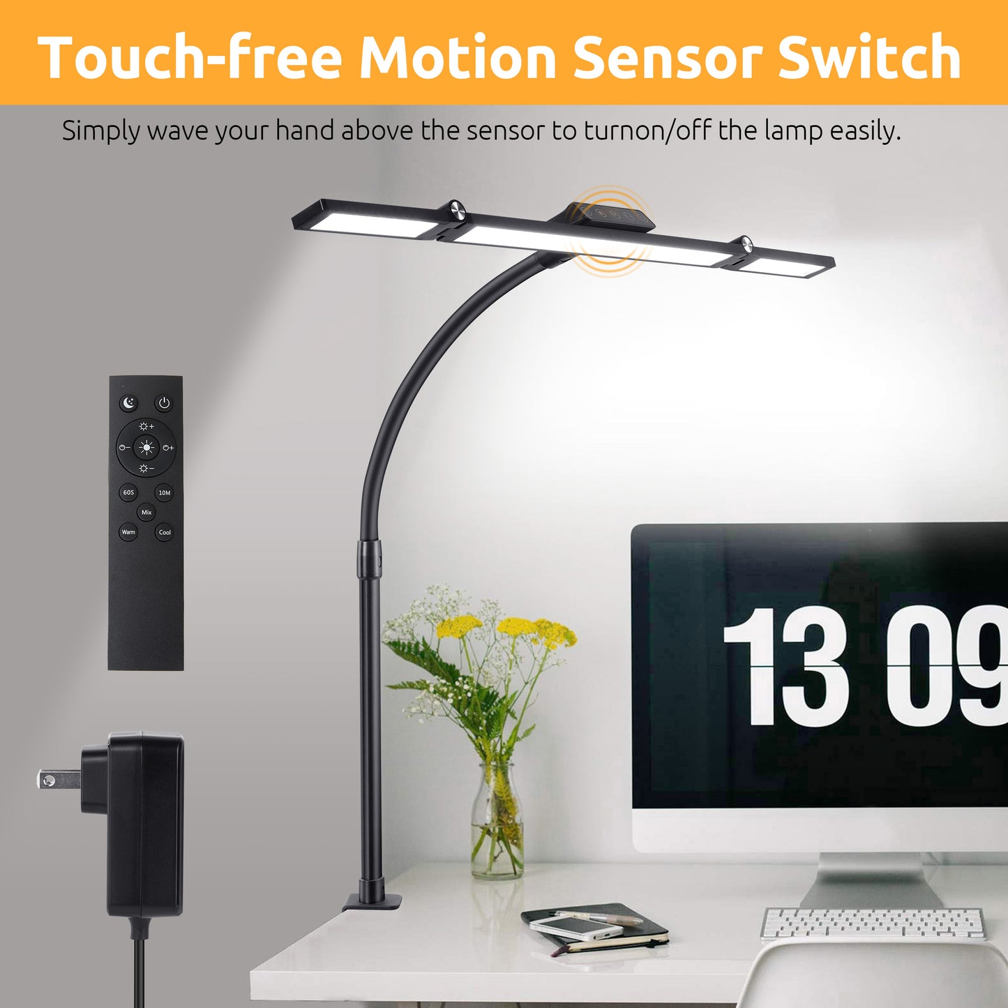 LOFTER-PRO LED Desk Lamps for Home Office, Eye Caring Architect Table Lights with Clamp, 24W Dimmable Overhead Light, Adjustable Flexible Gooseneck, 25 Lighting Models with Remote Control, Black