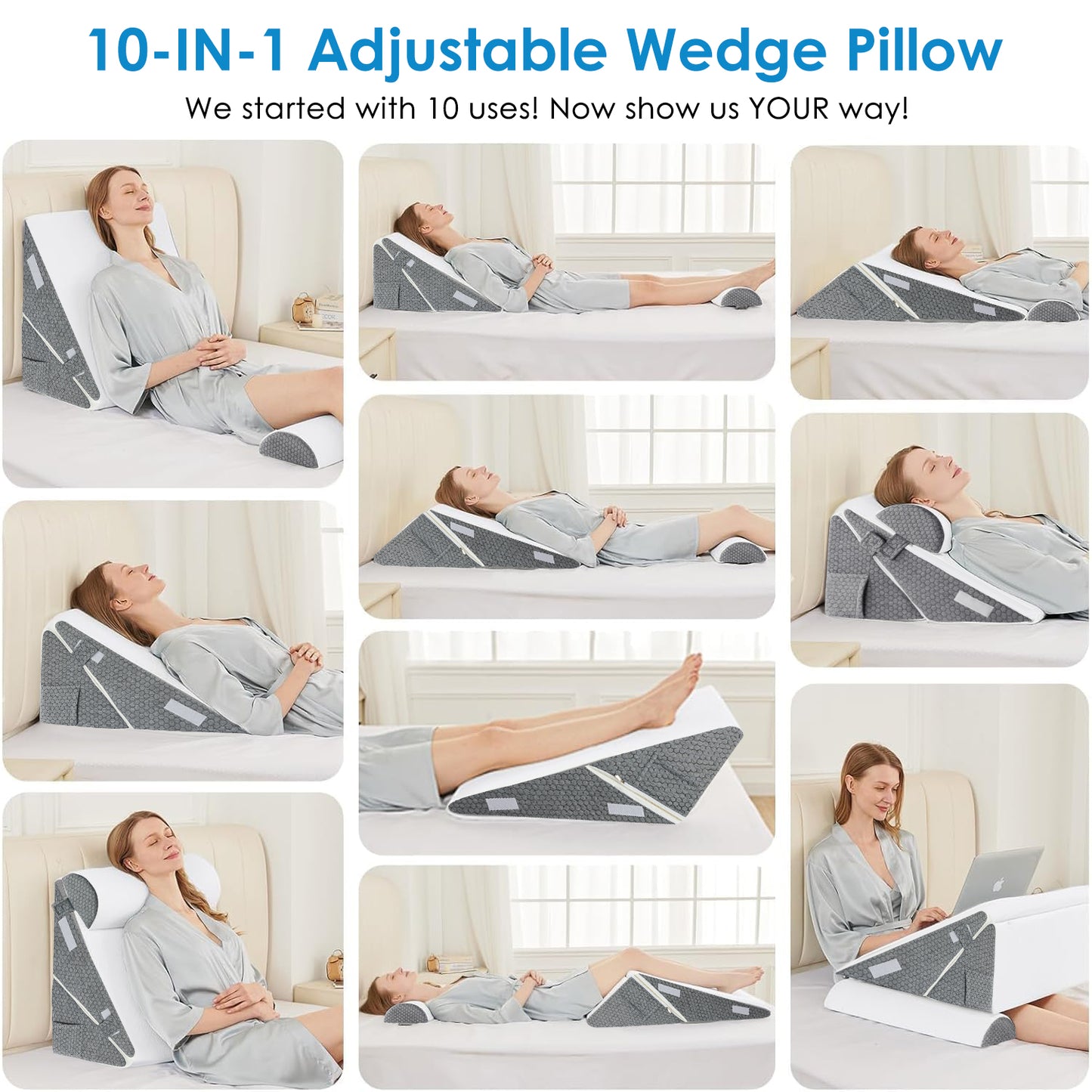 Wedge Pillow for Sleep Apnea, Adjustable Wedge Pillow Headboard, WANALIT Bed Wedge Pillow for Acid Reflux and Back Pain Relief, Pillow Wedge for Sleeping with Neck Support Pillow, White & Grey