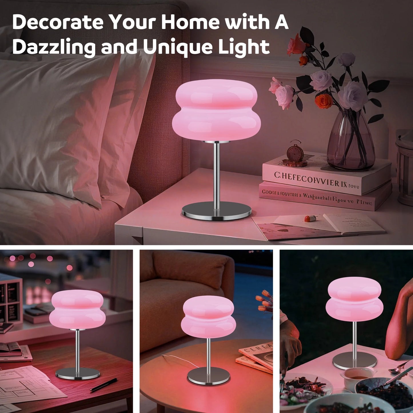 LAFAYTTE Mushroom Lamp for Bedroom,Mid Century Modern Lamp for Nightstand, Dimmable Retro Egg Tart Bedside Small Lamps,Unique Home Mushroom Decor Aesthetic Cute Table Lamps for Living Room,Pink