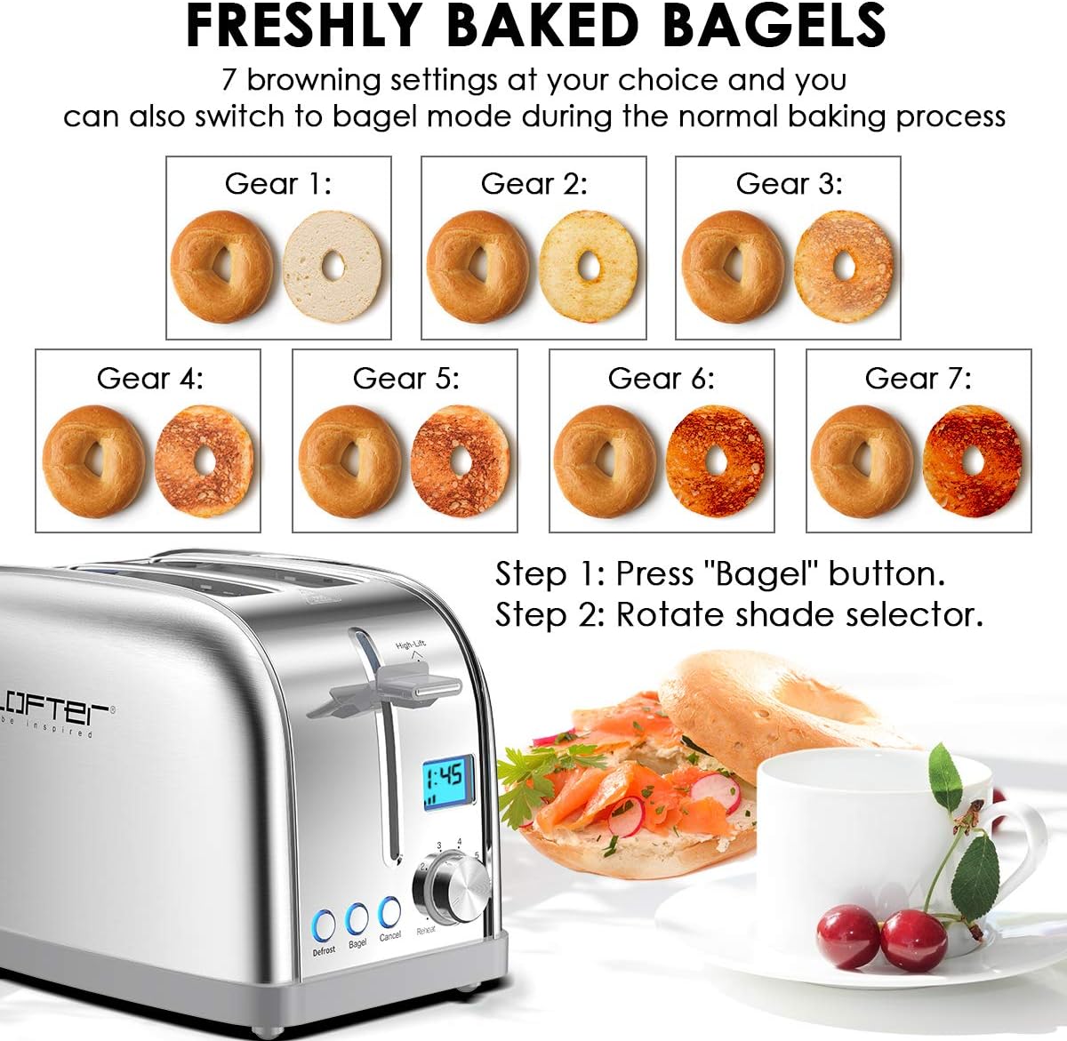 Lofter 2 Slicer Toaster with Bagel Function, Stainless Steel