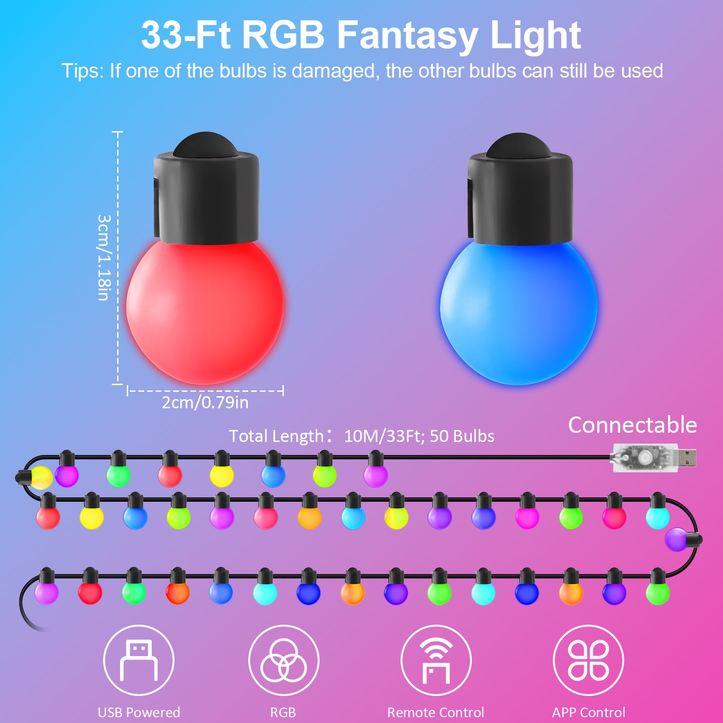 LOFTER-PRO Outdoor String Lights, LED Lights for Bedroom, 33Ft 50 Bulbs Smart RGB Outdoor String Lights Fairy Lights for Halloween Decorations, Christmas, Patio Lights, APP Control, IP65 Waterproof