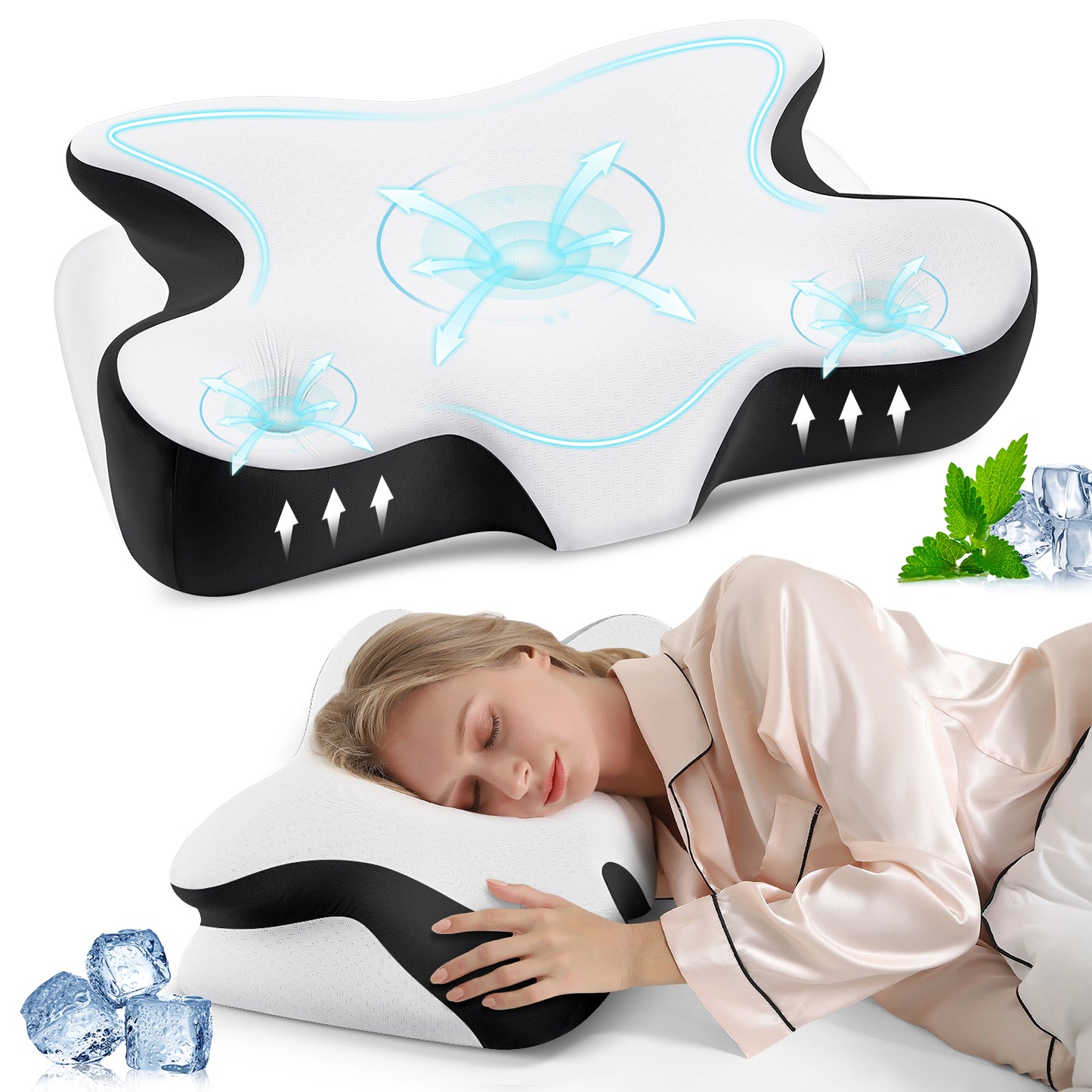 MOONORAH Cervical Pillow for Neck and Shoulder, Ergonomic Side Sleeper Pillow for Neck Support, Contour Memory Foam Pillows for Side Back & Stomach Sleepers with Cooling Pillowcase, Black