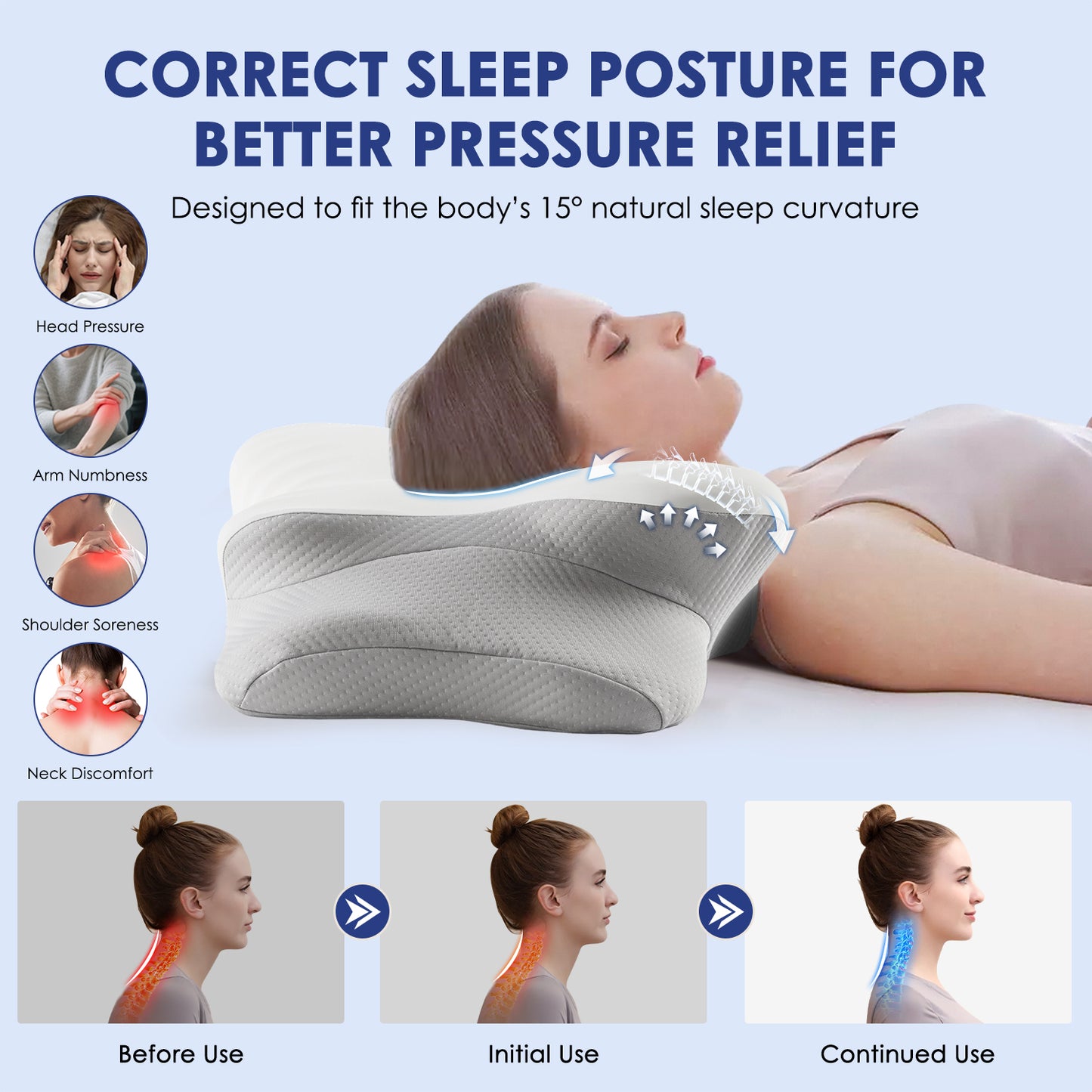 MOONORAH Cervical Neck Pillow, Memory Foam Bed Pillows with Ergonomic Contour Design for Neck Support and Pain Relief, Comfortable Sleeping Pillow for Side, Back and Stomach Sleepers,Gray & White