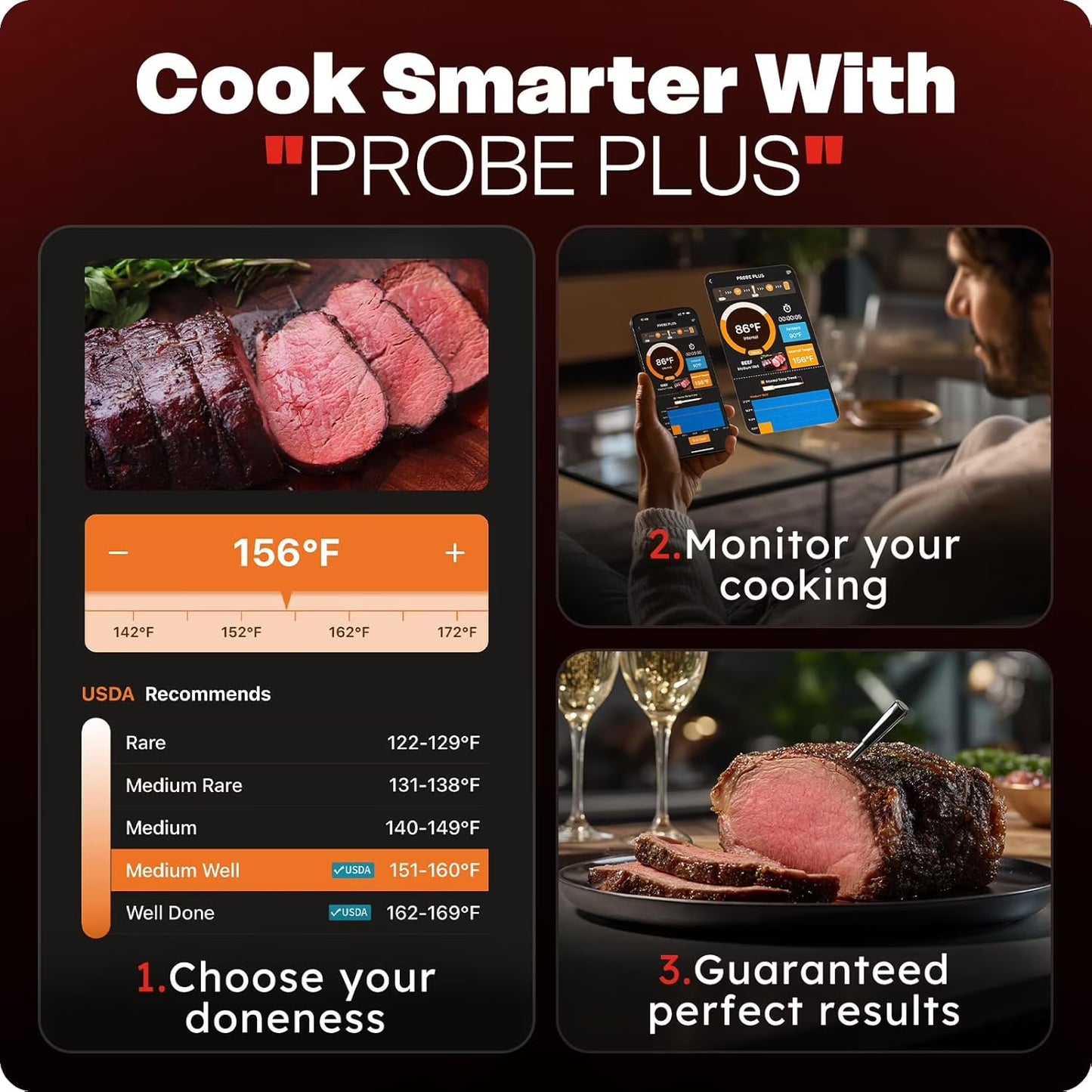 KAIPARA Smart Wireless Meat Thermometer with Ultra-Thin Probe, 24H Probe App Alerts Precise Temp Tracking, 6 Sensors Accuracy Digital Food Thermometer 0.5S Instant Read, for BBQ, Grill, Oven, Air Fry