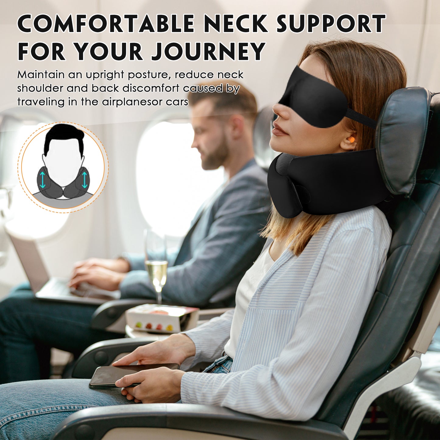 MOONORAH Travel Pillows for Airplanes, Travel Neck Pillow Travel Pillow, 360° Support Memory Foam Travel Pillow with 3D Contoured Eye Mask, Earplugs and Storage Bag for Airplanes Offices, Cars, Black