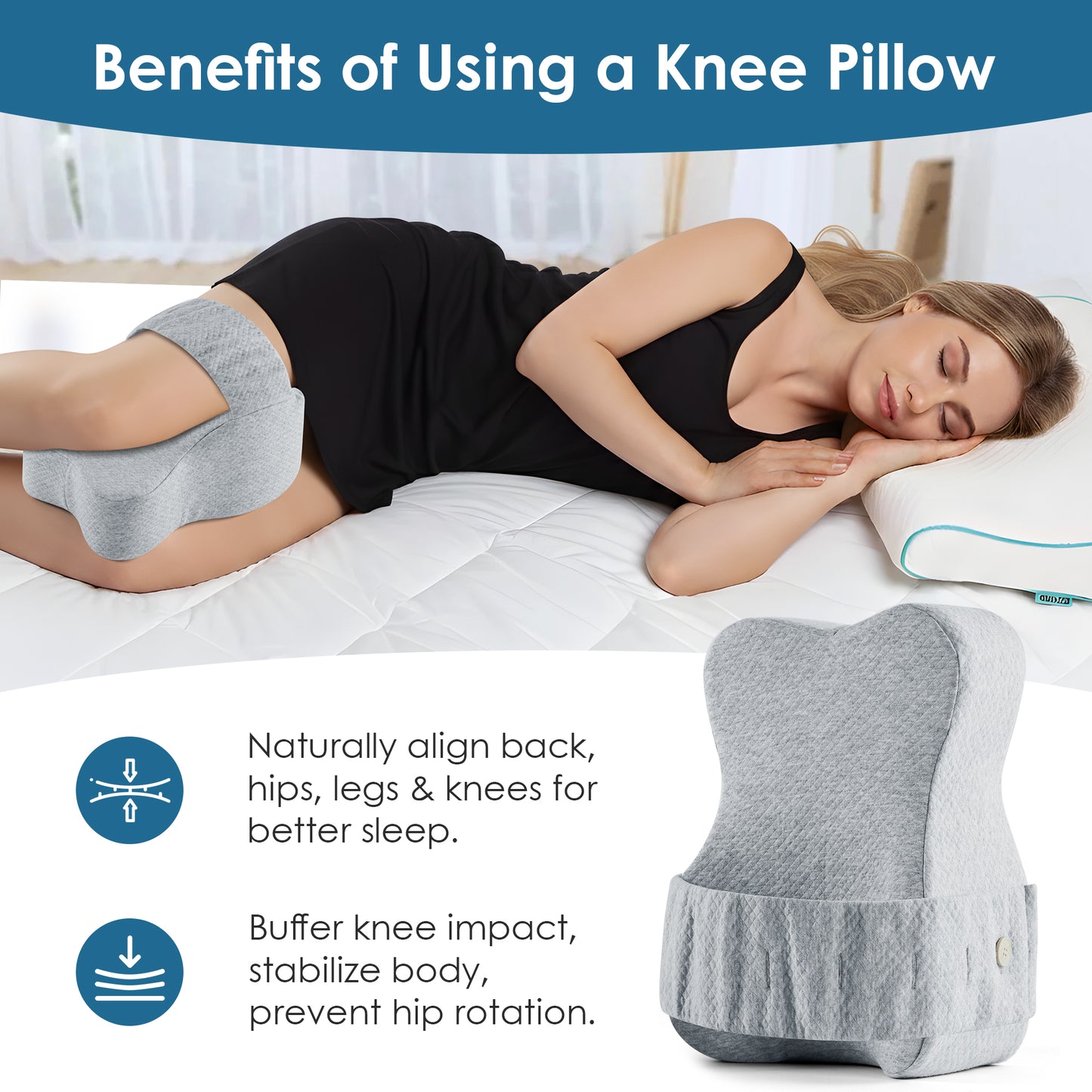 KAIPARA Knee Pillow for Side Sleepers, Memory Foam Knee Support Pillow, Comfortable Leg Pillow for Side Sleeping with Adjustable Strap, Relief for Sciatica, Back, Hips, Knees, Joints, Gray