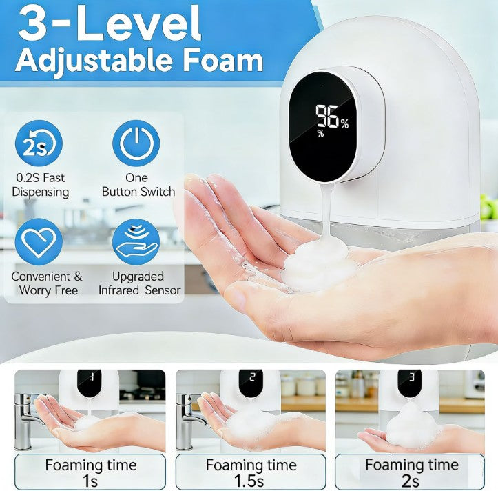 WANALIT Automatic Foaming Soap Dispenser, Touchless Smart Sensor with Display (Temp/Battery), 3 Adjustable Foam Levels, 13.52oz Rechargeable, Wall Mount for Kitchen Bathroom Dish Soap, White