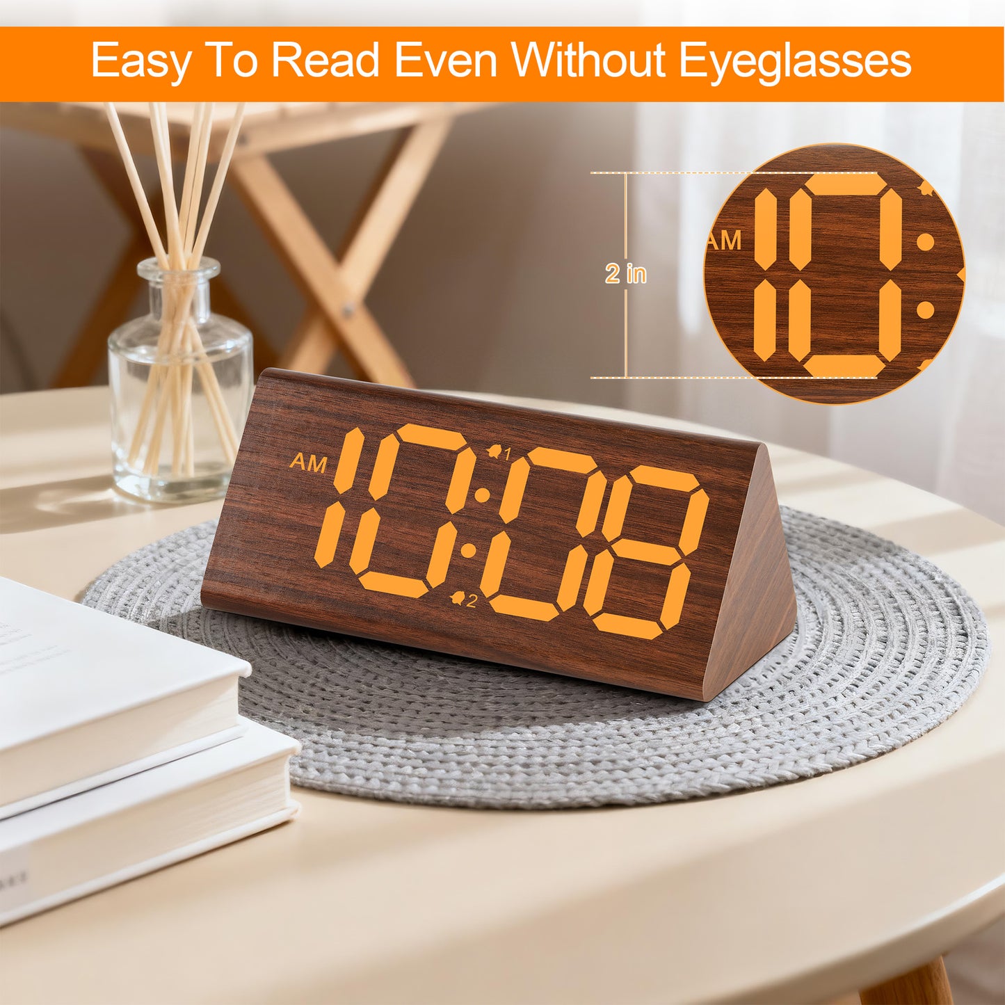Onekawa Alarm Clock for Bedroom, Wooden Digital Alarm Clocks with Large Big Numbers,Super Loud Alarm Clocks for Heavy Sleepers with USB Charging Port