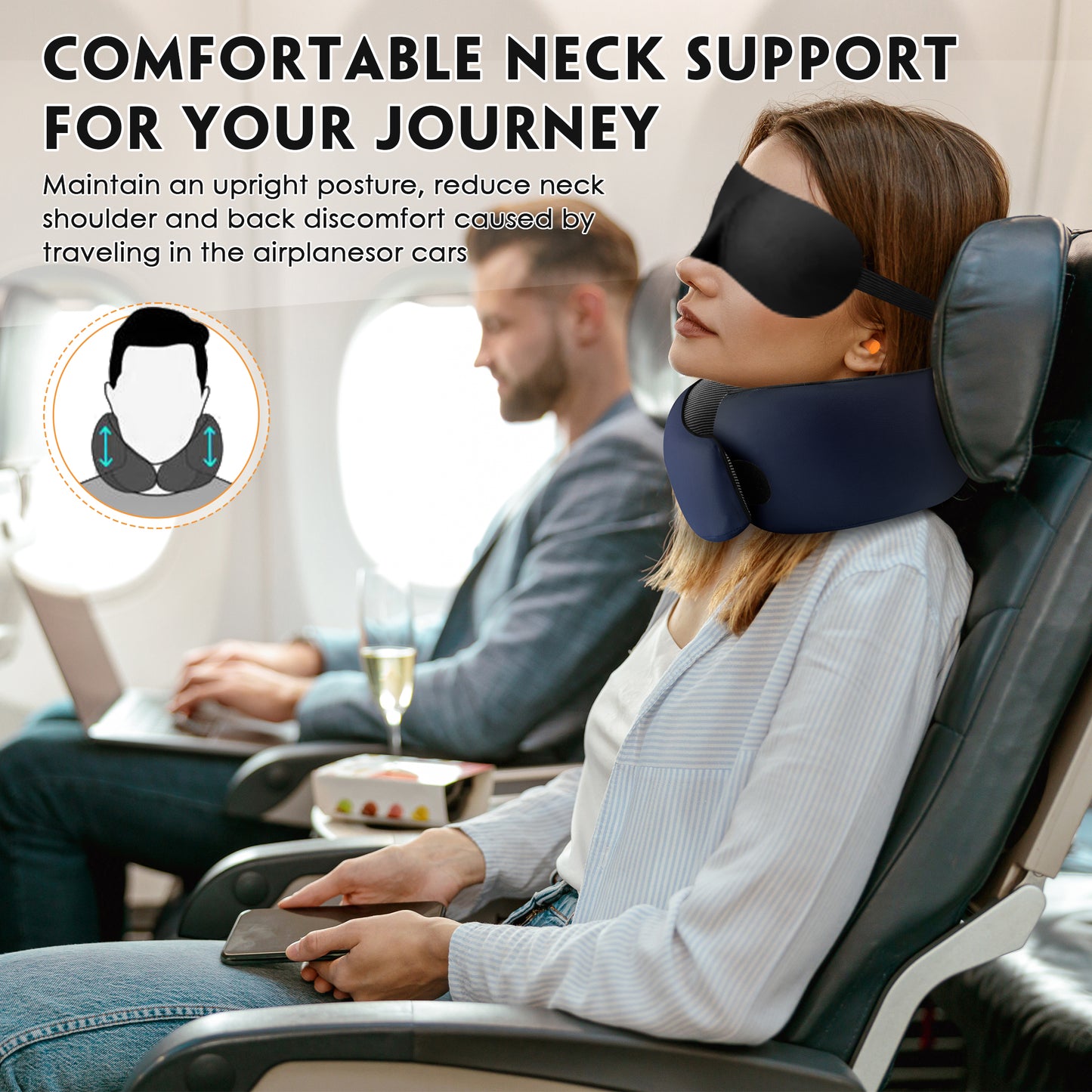 MOONORAH Travel Pillows for Airplanes, Travel Neck Pillow Travel Pillow, 360° Support Memory Foam Travel Pillow with 3D Contoured Eye Mask, Earplugs and Storage Bag for Airplanes Offices, Cars, Blue