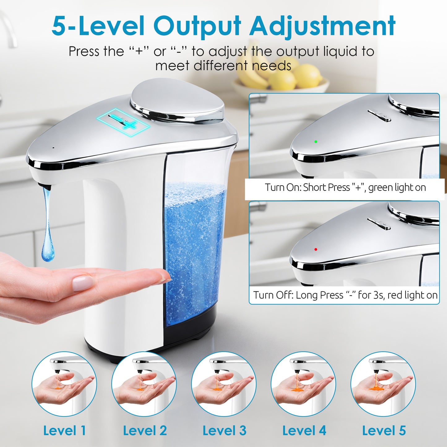 WANALIT Automatic Soap Dispenser Touchless, 17oz/500ml Dish Soap Dispenser with Infrared Sensor, 5 Adjustable Foam Levels, for Kitchen Bathroom Sink Countertop, Silver-White