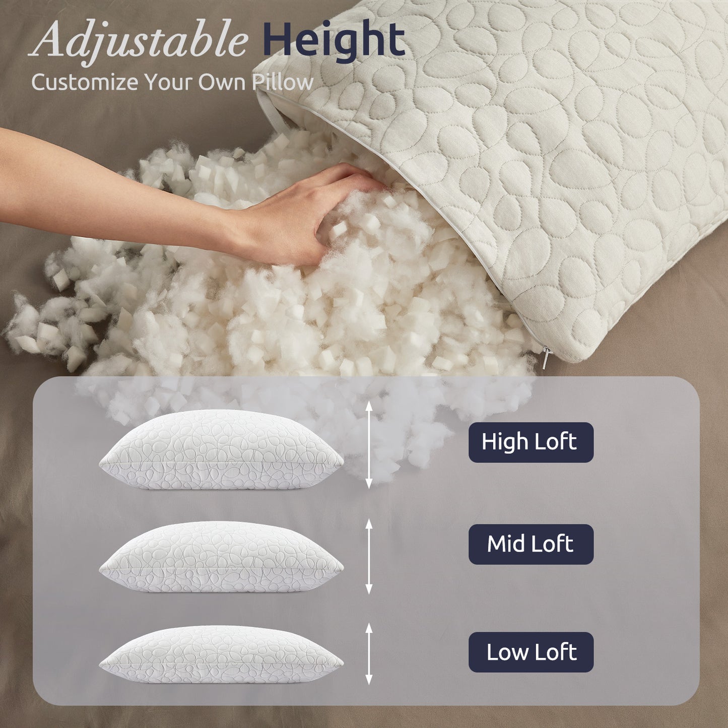 Adjustable Bed Pillows for Sleeping, Shredded Memory Foam Pillows with 200g Extra Filling, Breathable Back Stomach and Side Sleeper Pillow with Washable Pillowcase-King Size (20"x 36")