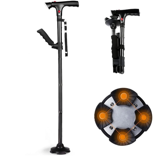 MOONORAH Walking Cane, Folding Walking Cane with LED Light for Men & Women, Adjustable Walking Stick Cane for Seniors with Second Handle for Standing, Siren, 360 Pivoting 4-Pronged Base, Black