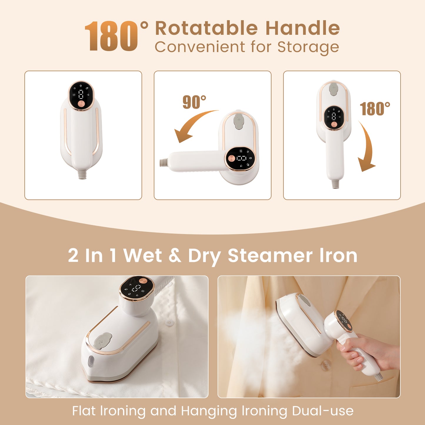 ZALFLEX Travel Steamer Iron for Clothes, 1400W Handheld Size Portable Travel Steamer, 3 Steam Levels Garment Steamers with LCD Screen, 15S Fast Heat-up Steamer for Dress Shirt Home Travel, White