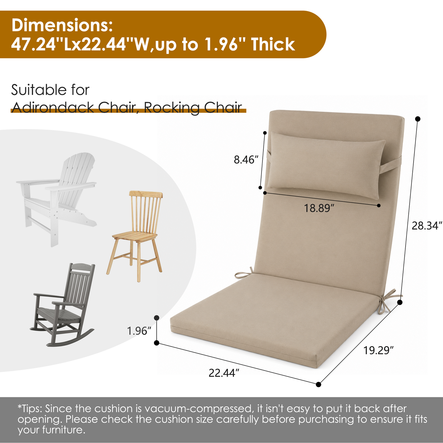 DONAMA Outdoor Chair Cushions Waterproof High Back Thick Seat Pad with Ties for Patio Garden Rocking Chair, Beige 47x22x2 inch