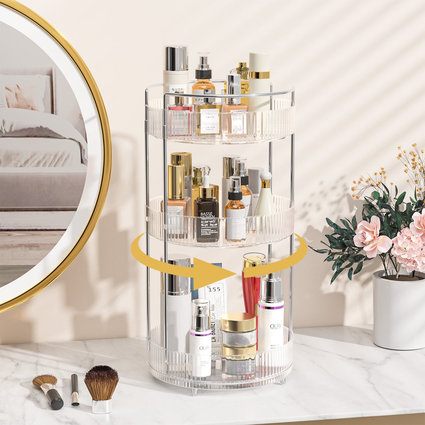 360° Rotating Makeup Organizer, Bathroom Makeup Holder, 3 Tiers Large Capacity Storage Shelf
