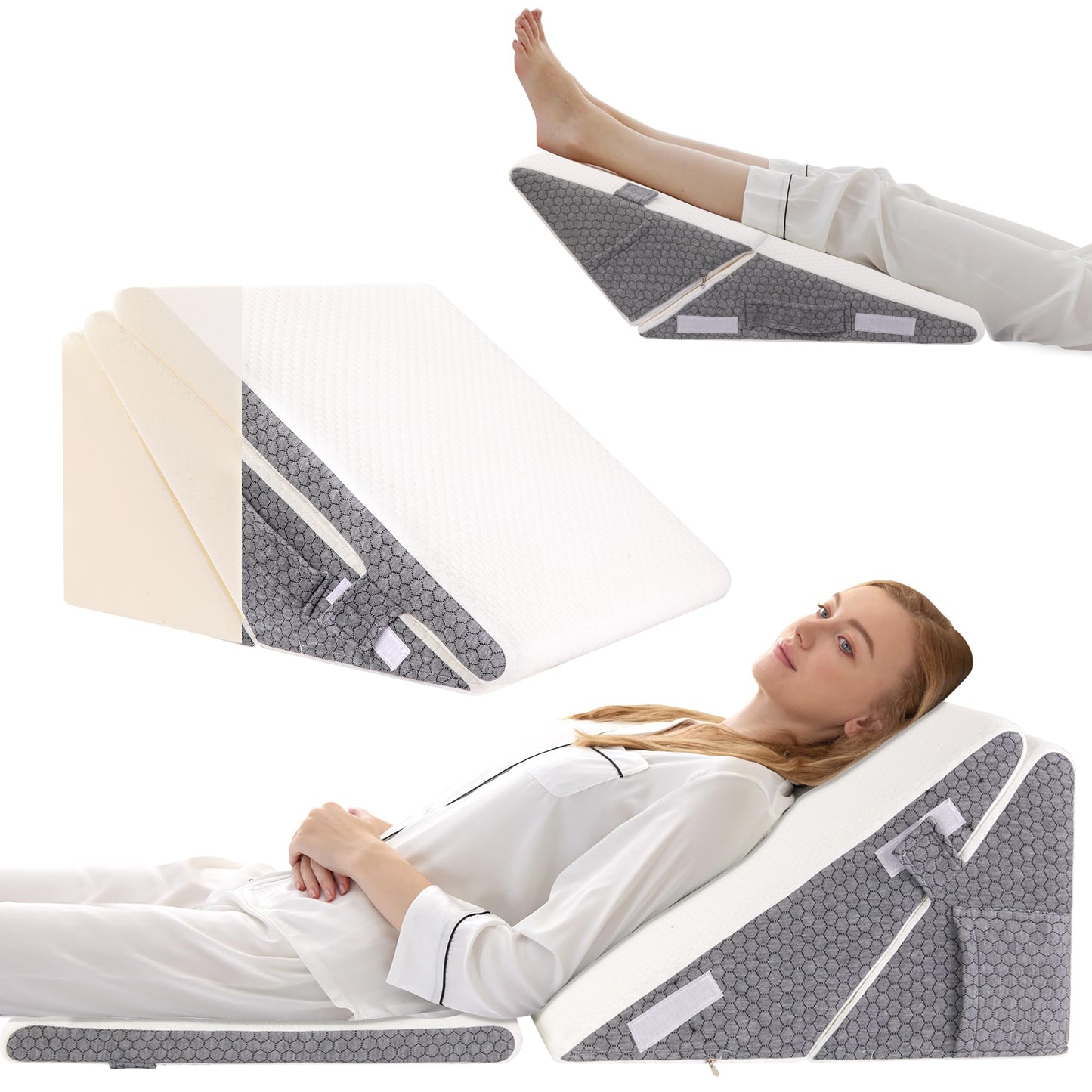 MOONORAH Bed Wedge Pillow with Head Pillow - Adjustable Highly Sponge Post-Surgery Pillow for Back, Leg & Knee Pain, Acid Reflux & Snoring Relief - Orthopedic Support for Sleeping, White