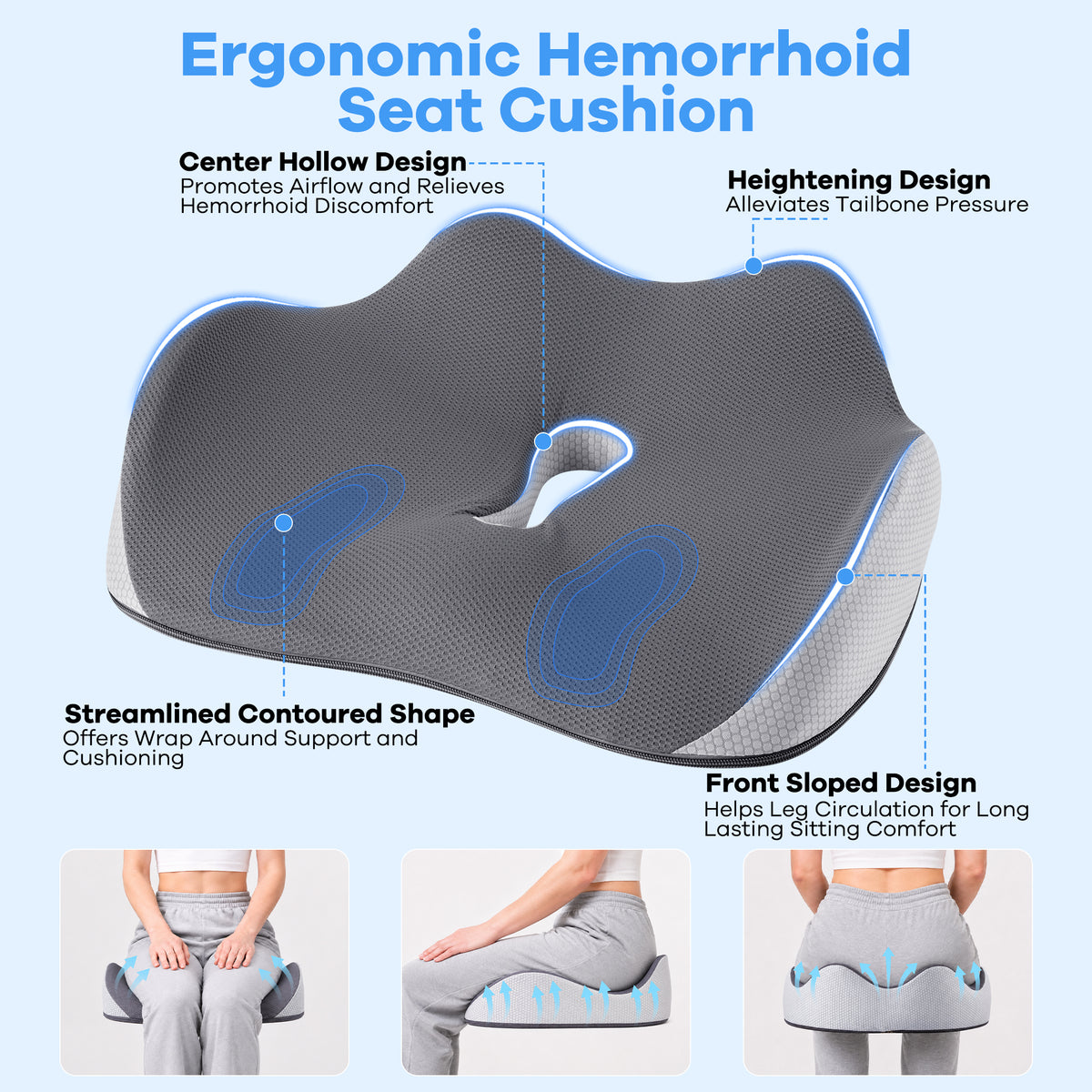 WANALIT Seat Cushion - Ergonomic Memory Foam for Sciatica and Tailbone Relief - Gray