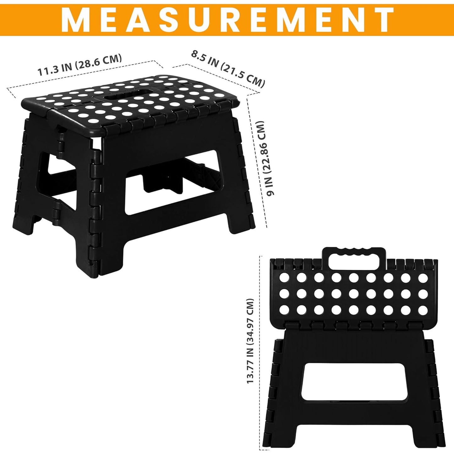 KAIPARA Folding Step Stool-9 Inch Plastic Foldable Step Stool with Portable Handle Compact,Holds Up to 330 lbs Non-Slip Polka dot Stools for Adults & Kids - Black