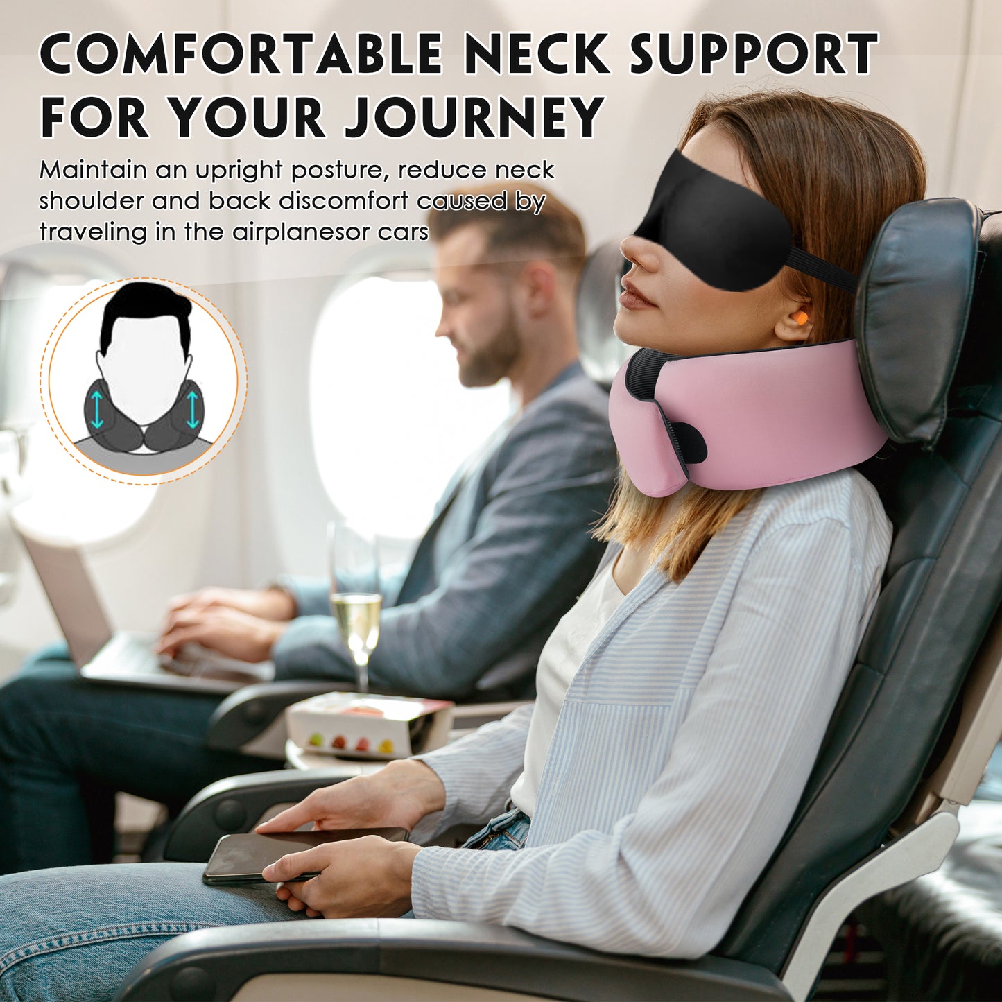 MOONORAH Travel Pillows for Airplanes, Travel Neck Pillow Travel Pillow, 360° Support Memory Foam Travel Pillow with 3D Contoured Eye Mask, Earplugs and Storage Bag for Airplanes Offices, Cars, Pink