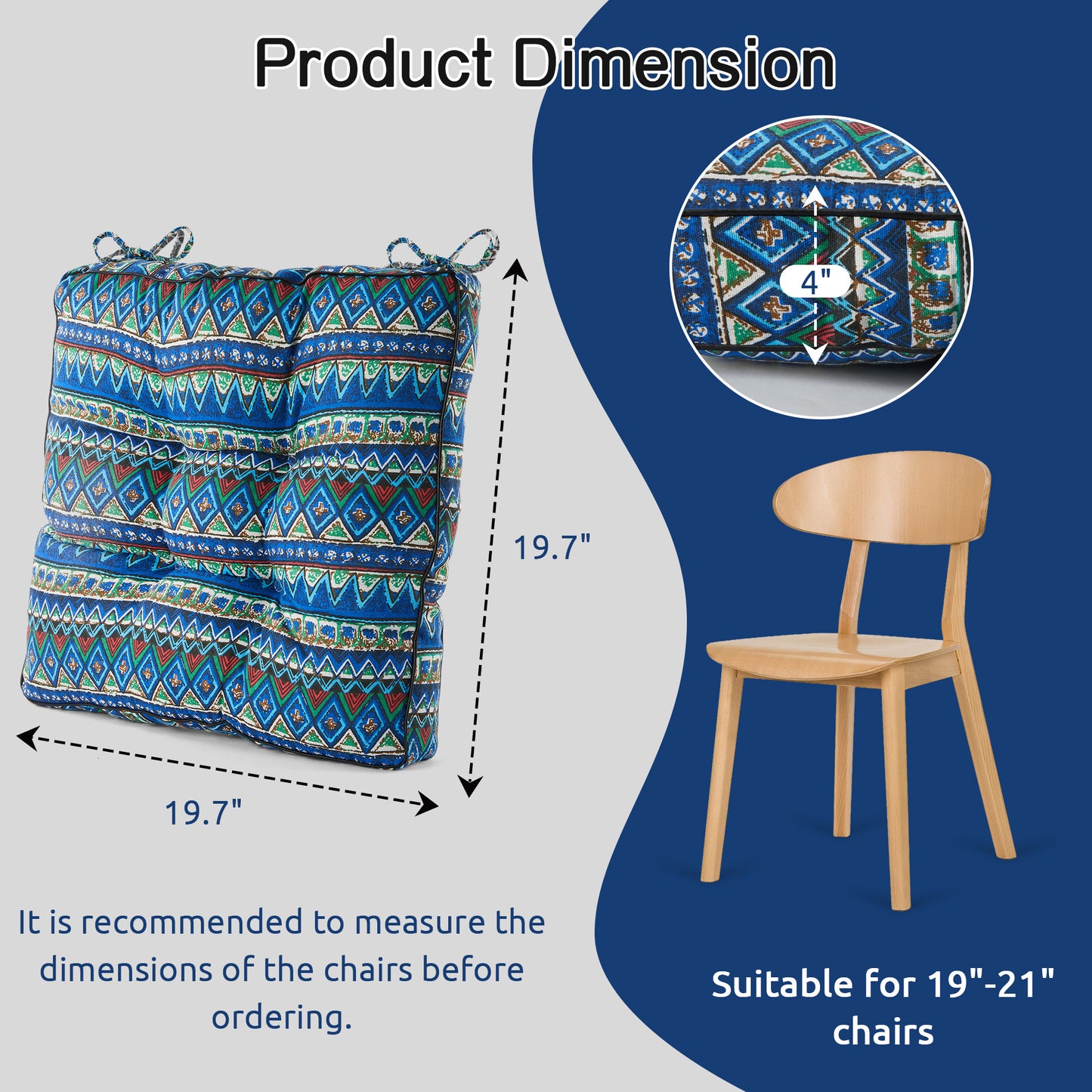 Panpaddle Bohemian Patio Floor Cushion, Thick Square Floor Pillow, Meditation Yoga Cushion for Garden, Patio, Home, Backyard, Office Use, 19.7"x19.7"x4", 1 Pack, Blue