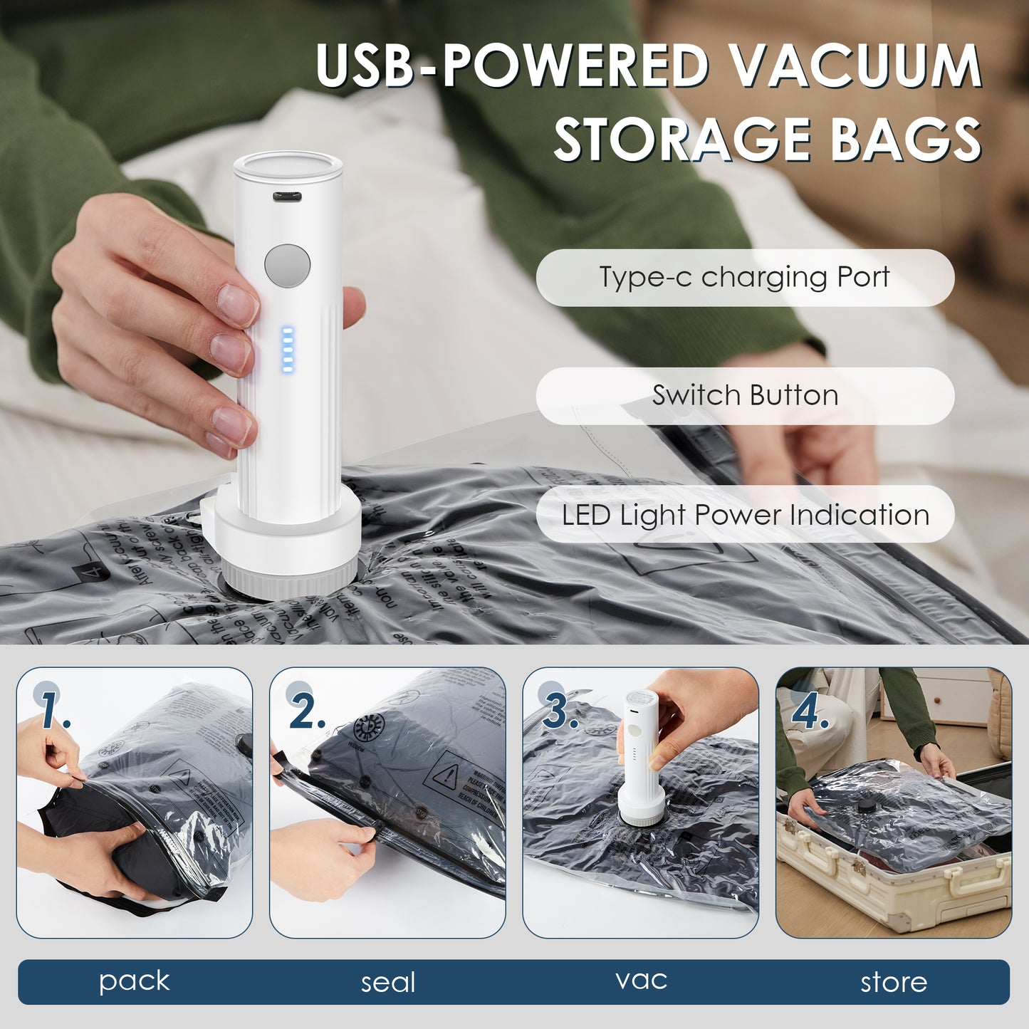LAFAYTTE Vacuum Bags for Travel with Cordless Rechargeable Pump, 12 Pack Travel Vacuum Bags with pump, Compression Storage Bags (3XL/3L/3M/3S) for Clothes, Luggage & Suitcase