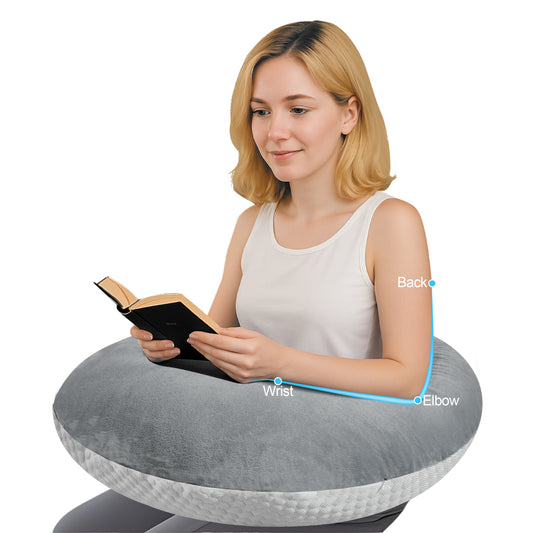 MOONORAH Reading Pillows for Gaming, Ergonomic U-Shaped Lap Pillow, Compact Arm Support Pillow for Playing, Working, Crocheting, Dark Gray Spelling White, 1Pcs