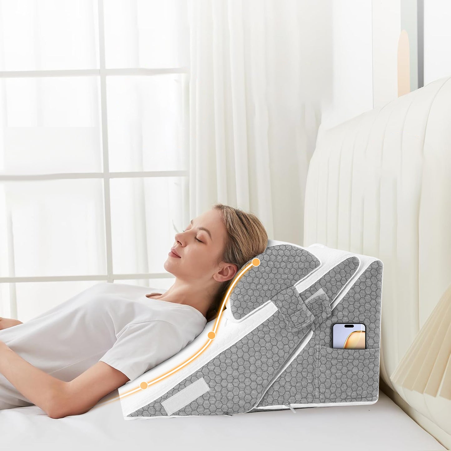 Kaibinsi Wedge Pillow for Sleep Apnea, Adjustable Wedge Pillow Headboard, Bed Wedge Pillow for Acid Reflux and Back Pain Relief, Pillow Wedge for Sleeping with Neck Support Pillow, White & Grey