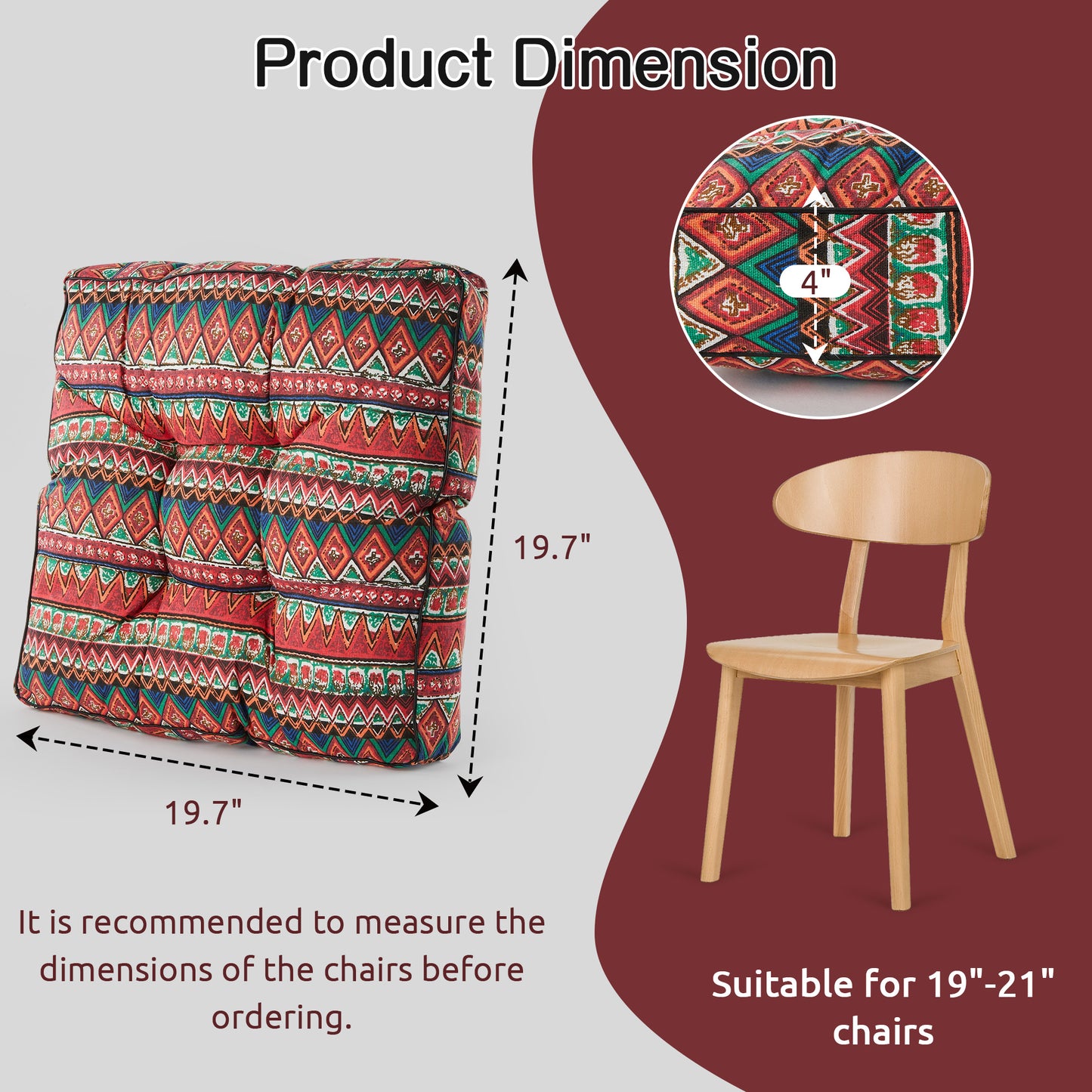 Panpaddle Bohemian Patio Floor Cushion, Thick Square Floor Pillow, Meditation Yoga Cushion for Garden, Patio, Home, Backyard, Office Use, 19.7"x19.7"x4", 1 Pack, Red