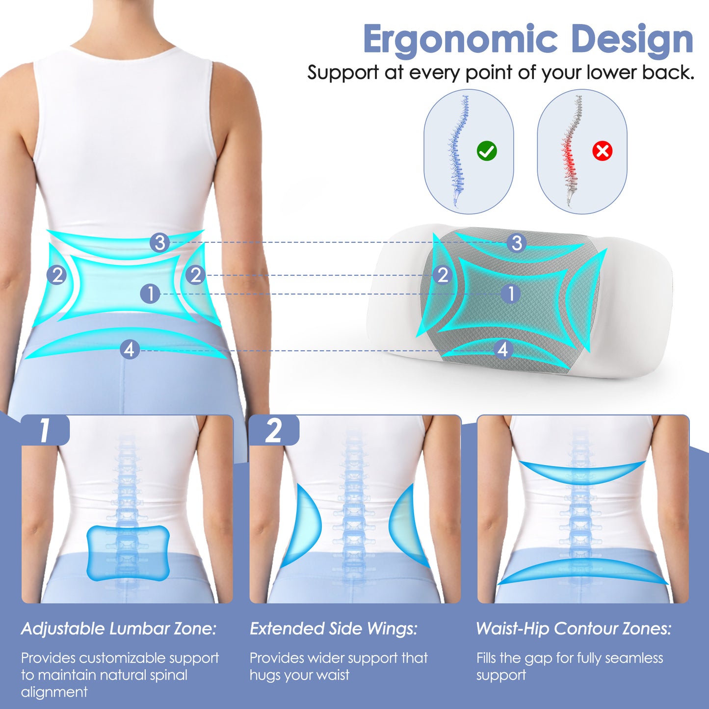 MOONORAH Lumbar Pillow for Sleeping, Memory Foam Waist Support Cushion for Lower Back Pain Relief, Bed & Side Sleeper Pillow for Waist Support, Orthopedic Contour Pillow - Light Grey