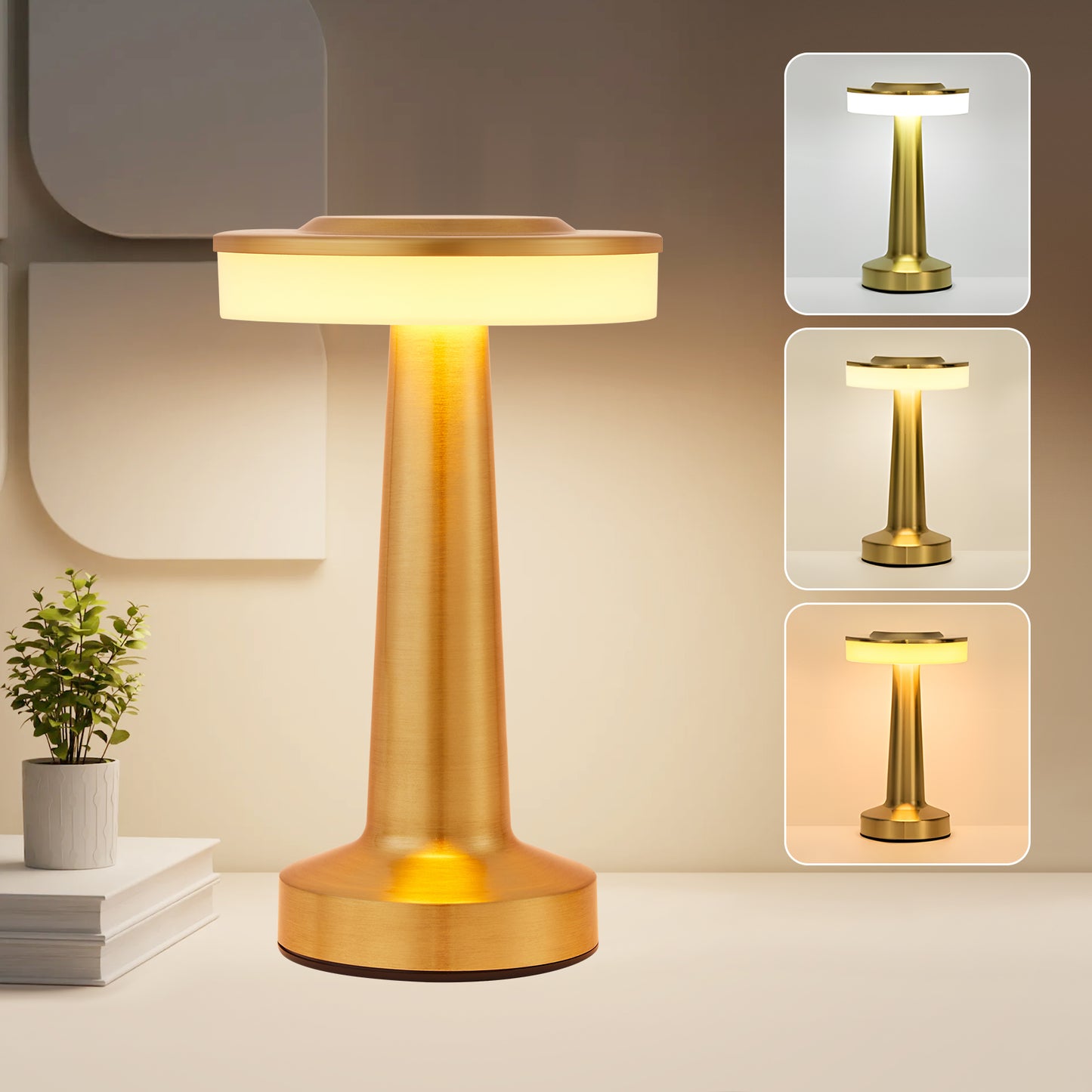 KAIPARA Portable Cordless Table Lamp with Touch Sensor, 3-Levels Brightness, Rechargeable Battery Up to 48 Hours Usage, Night Light for Kids Nursery, Nightstand Lamp, Bedside Lamp (Gold)