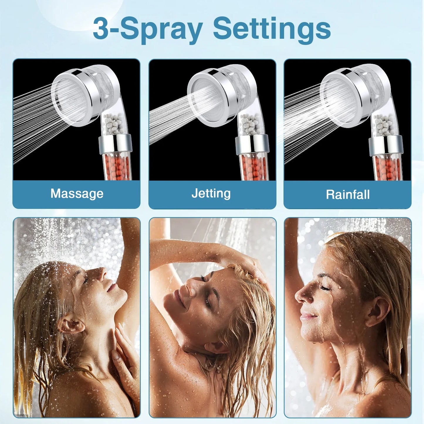 MOONORAH Shower Head, 3-Setting High Pressure Handheld Shower Head with Filter, Reduces Dry Skin and Hair Loss, Multiple Spray Modes Shower Head Kits with 59" Hose and Bracket