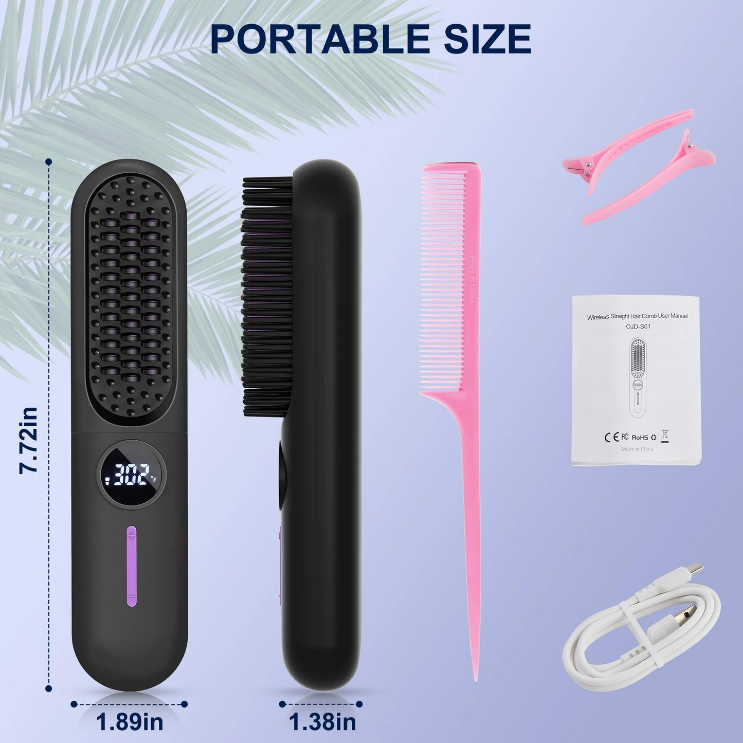 MOONORAH Cordless Hair Straightener Brush with Anion for Women, Electric Portable Ceramic Hot Straightening Comb for Travel with LCD Display & Hair Clips, Fast USB Rechargeable, Anti-Scald, Black