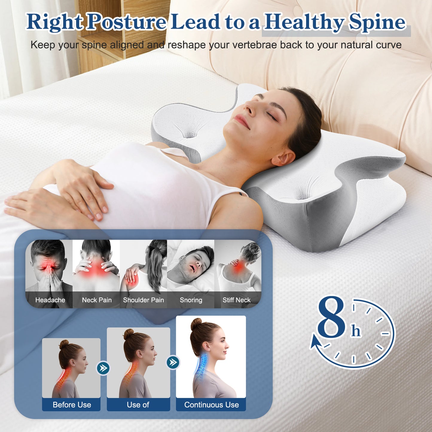 MOONORAH Cervical Pillow for Neck and Shoulder, Ergonomic Side Sleeper Pillow for Neck Support, Contour Memory Foam Pillows for Side Back & Stomach Sleepers with Cooling Pillowcase, Gray