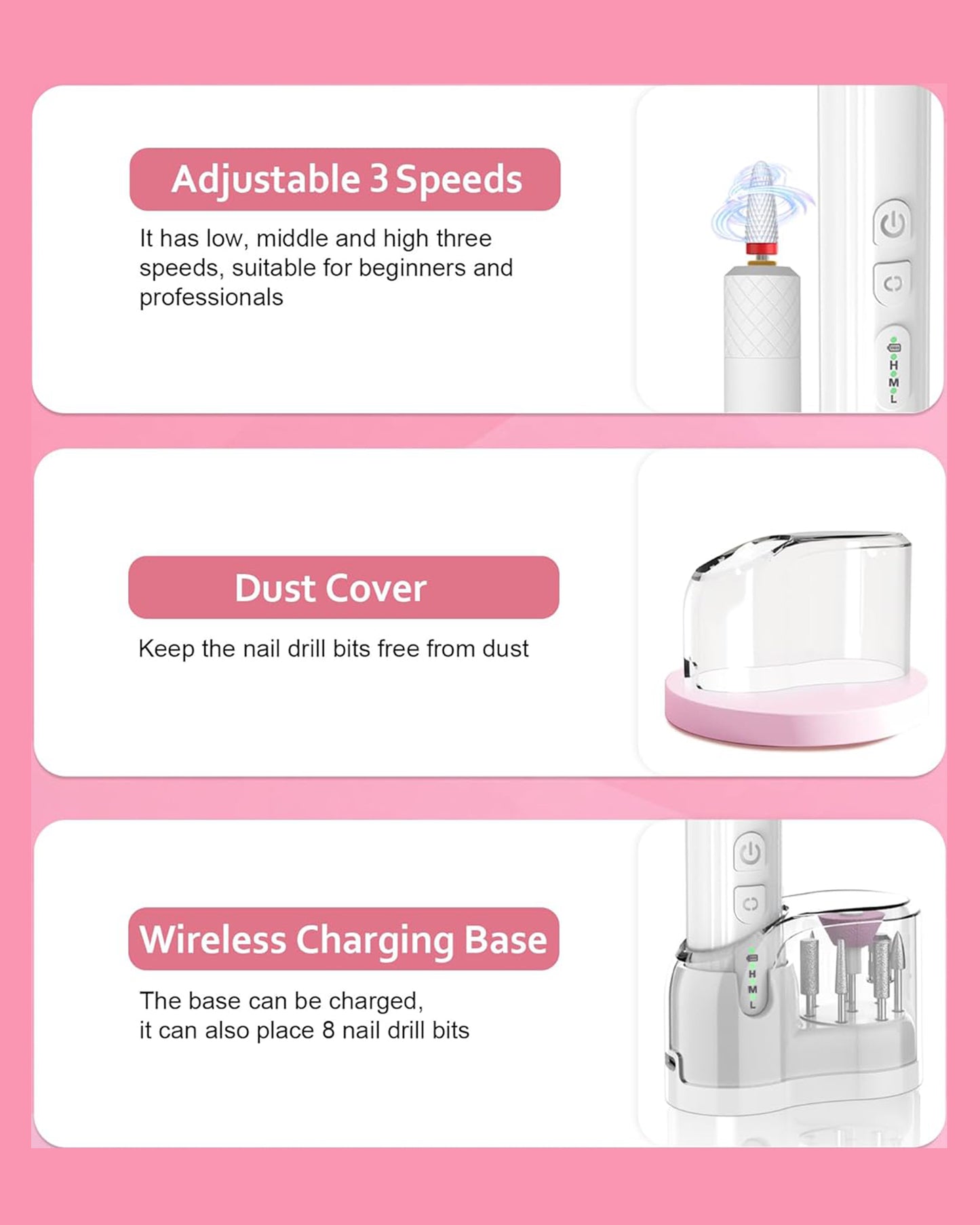 MOONORAH Electric Nail Drill Machine, Portable Cordless Nails File Set for Acrylic Gel Dip, Professional Manicure Pedicure with Bits and Base for Hand Foot Care, White