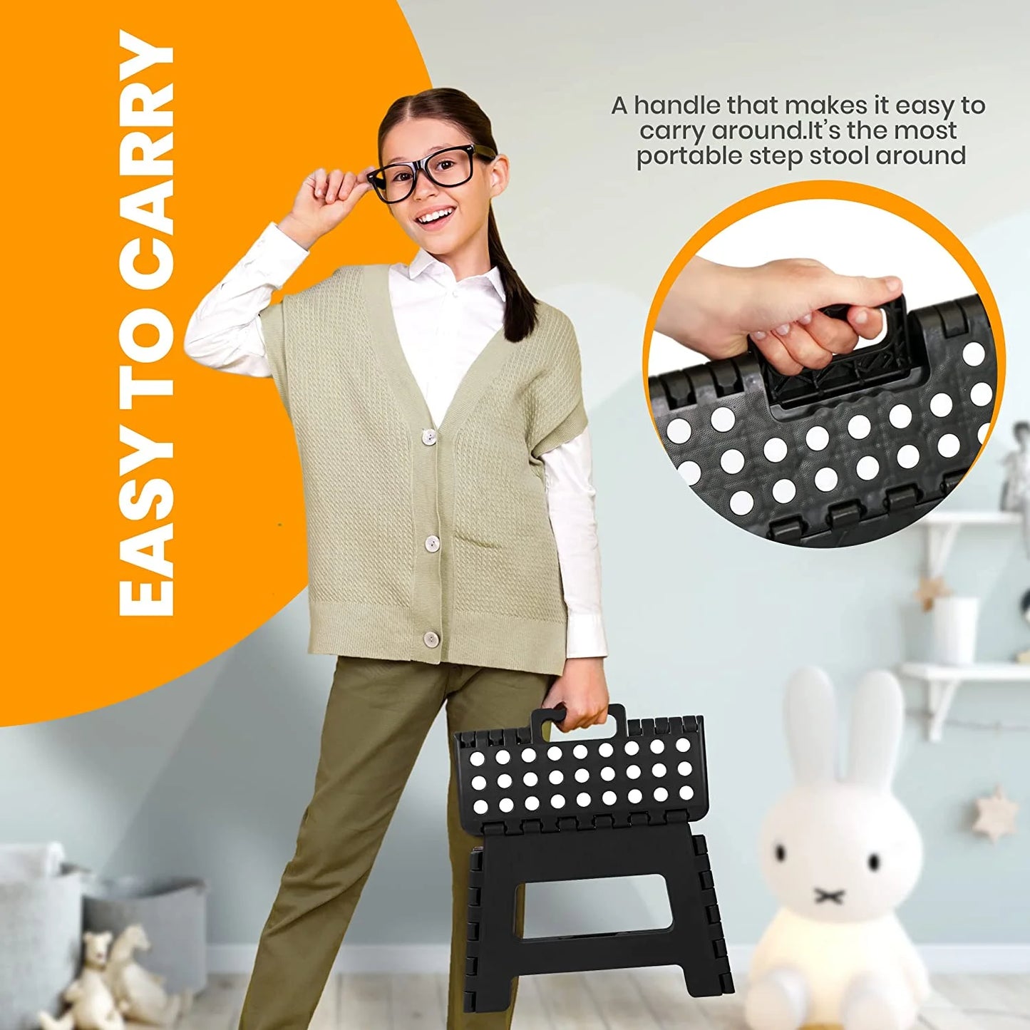 KAIPARA Folding Step Stool-9 Inch Plastic Foldable Step Stool with Portable Handle Compact,Holds Up to 330 lbs Non-Slip Polka dot Stools for Adults & Kids - Black