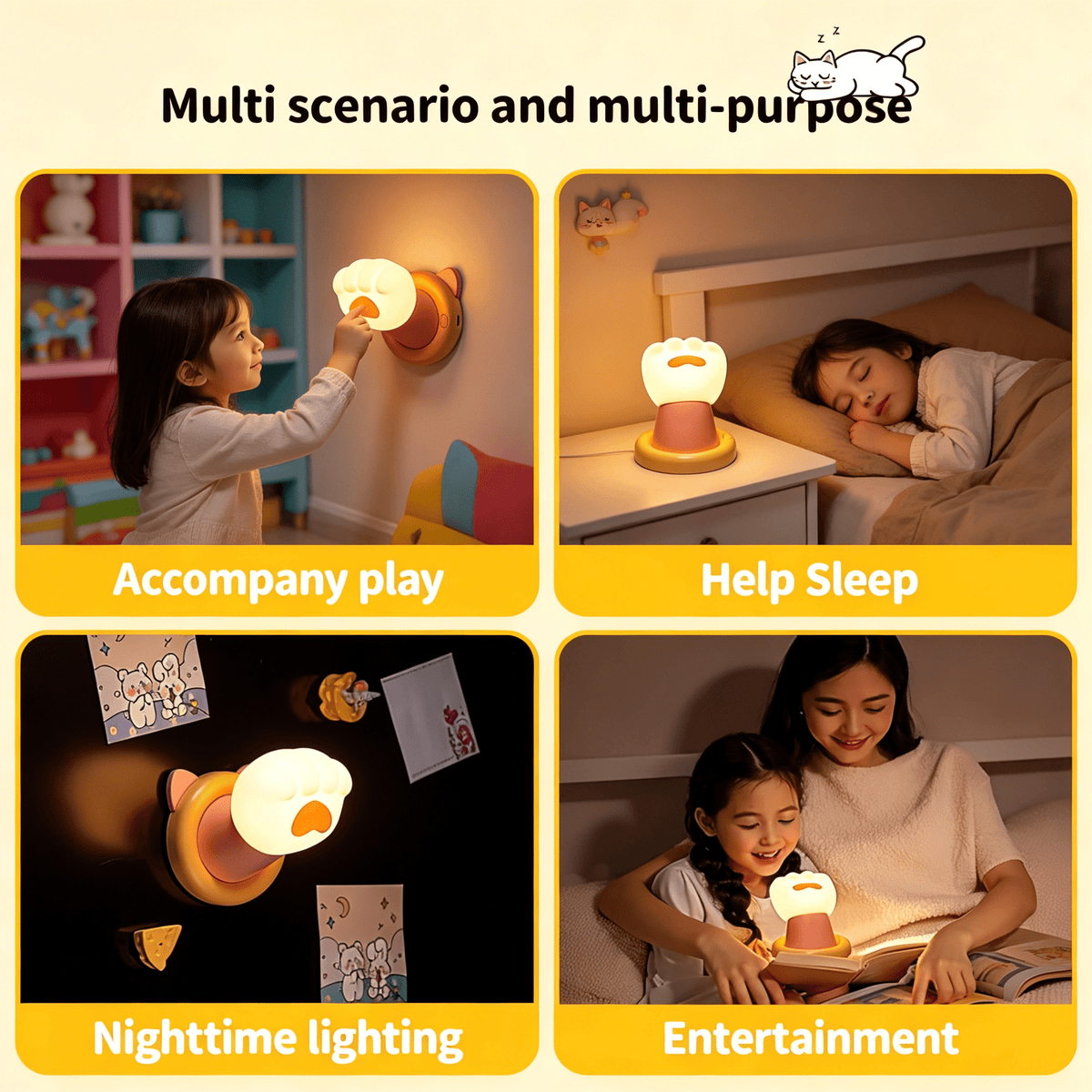 Onekawa Cat Paw Night Light - Magnetic Touch Control, 3 Level Dimmable with Auto Timer