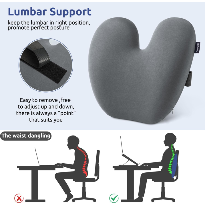 D O N A M A Ergonomic Lumbar Pillow for Back Support - High-Density Memory Foam Cushion for Pain Relief - Lumbar Support Cushion w/Strap for Office Chair, Car, Home, and Travel