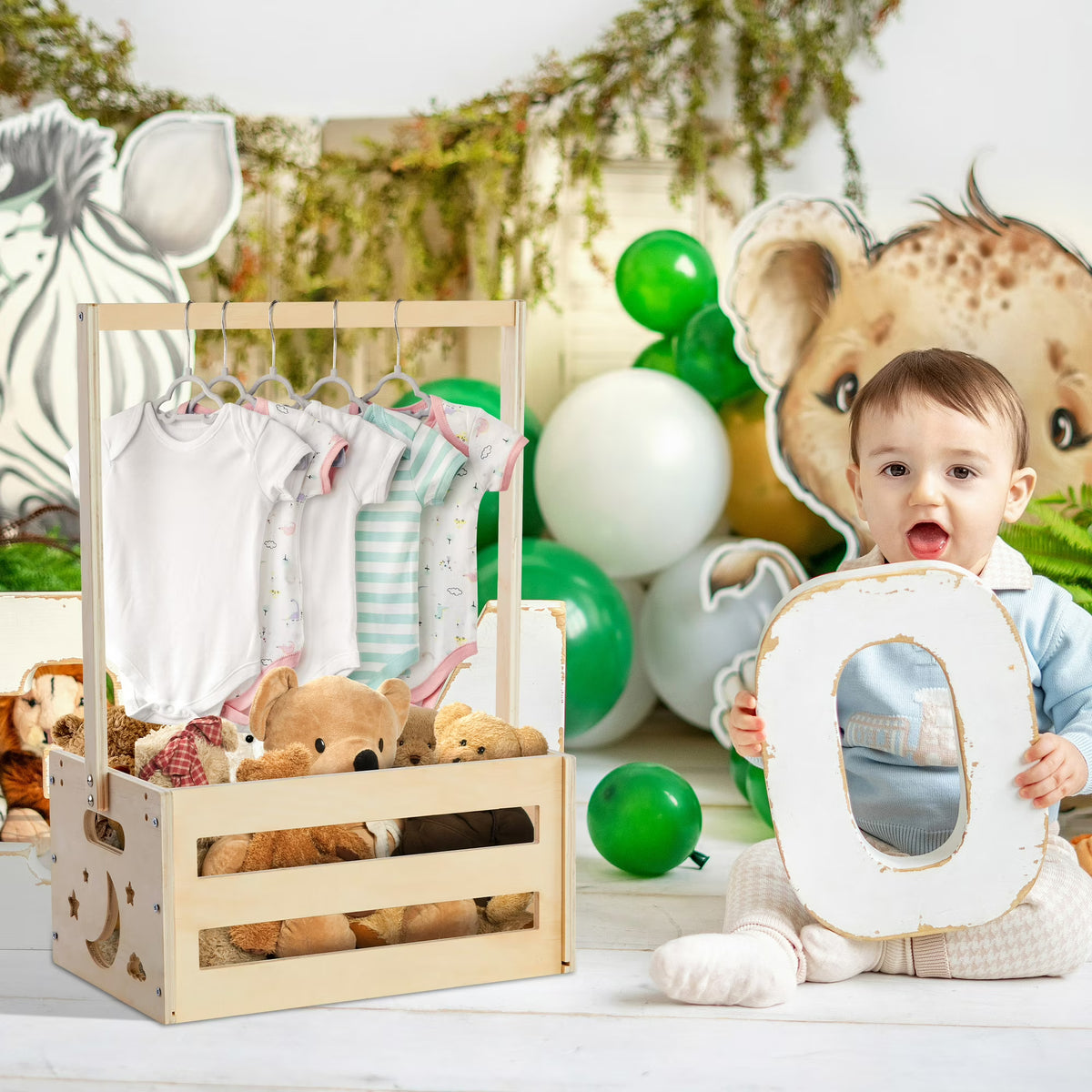 Onekawa Baby Shower Storage Crate - Wooden Freestanding Basket with Handle