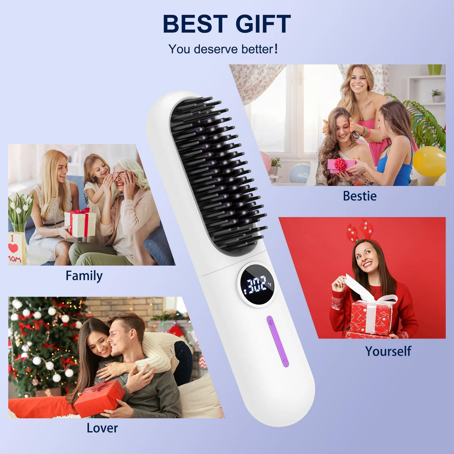 MOONORAH Cordless Hair Straightener Brush with Anion for Women, Electric Portable Ceramic Hot Straightening Comb for Travel with LCD Display & Hair Clips, Fast USB Rechargeable, Anti-Scald, White