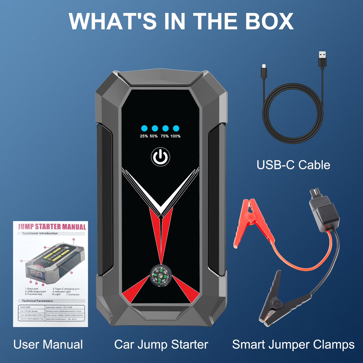 Panpaddle Portable Car Jump Starter - 4000A 10000 mAh for 12V Gas Diesel - Black