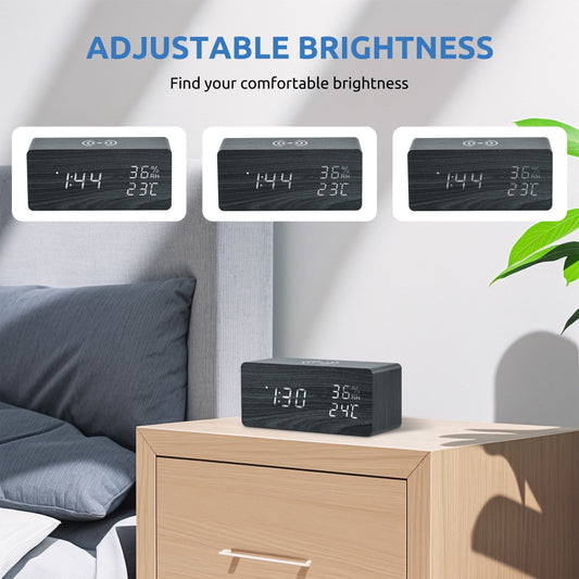 Onekawa Wooden Digital Alarm Clock with Wireless Charging Stylish LED Display for Bedrooms Adjustable Brightness and Voice Control Alarm Clock Perfect for Desks-Black
