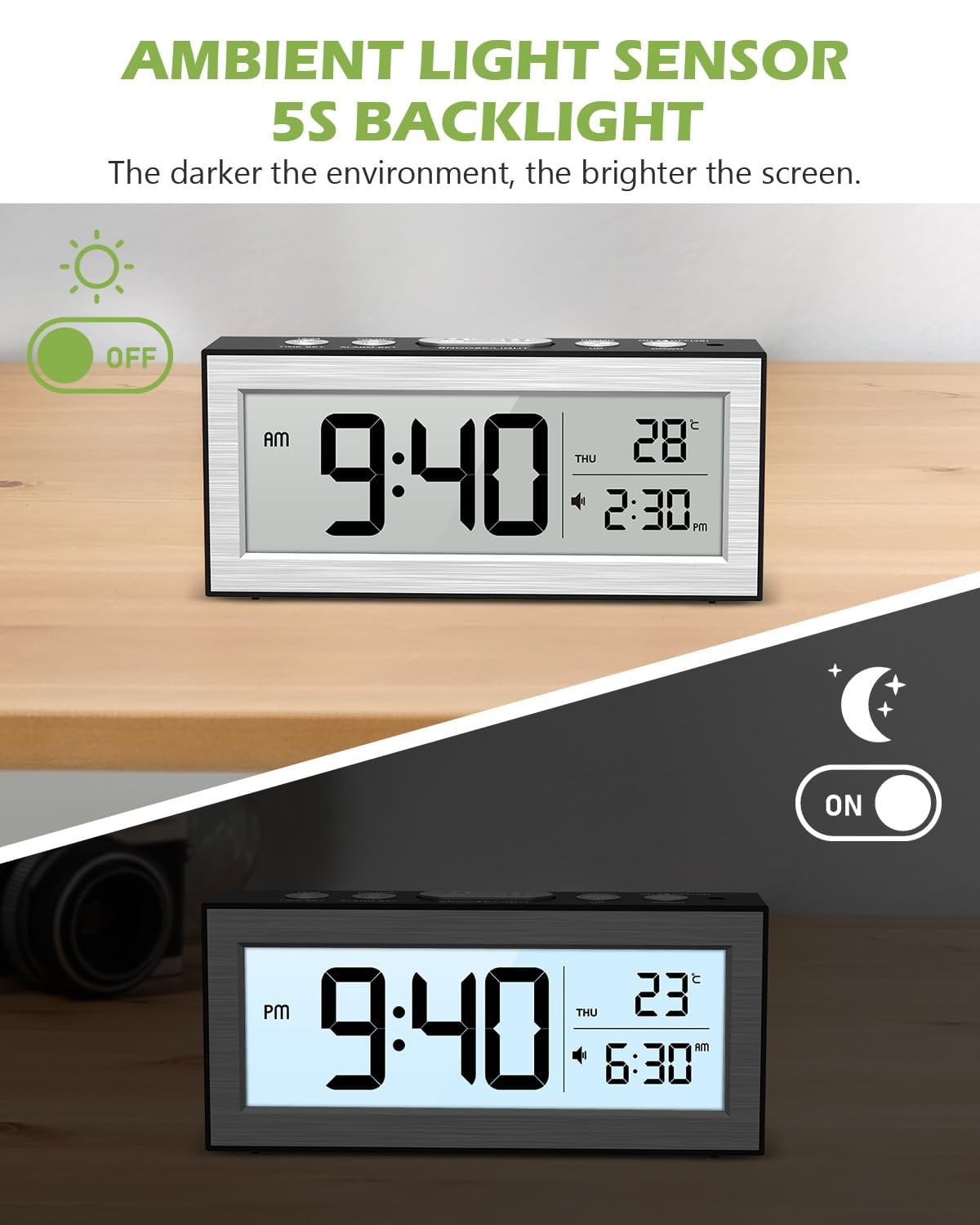 Onekawa Battery Powered Alarm Clocks, Travel Alarm Clock with LCD Display, 12/24H, 5-Min Snooze, Bedside Clock with Auto Dimming Function and Working Mode, Suitable for Bedroom, Office, Travel